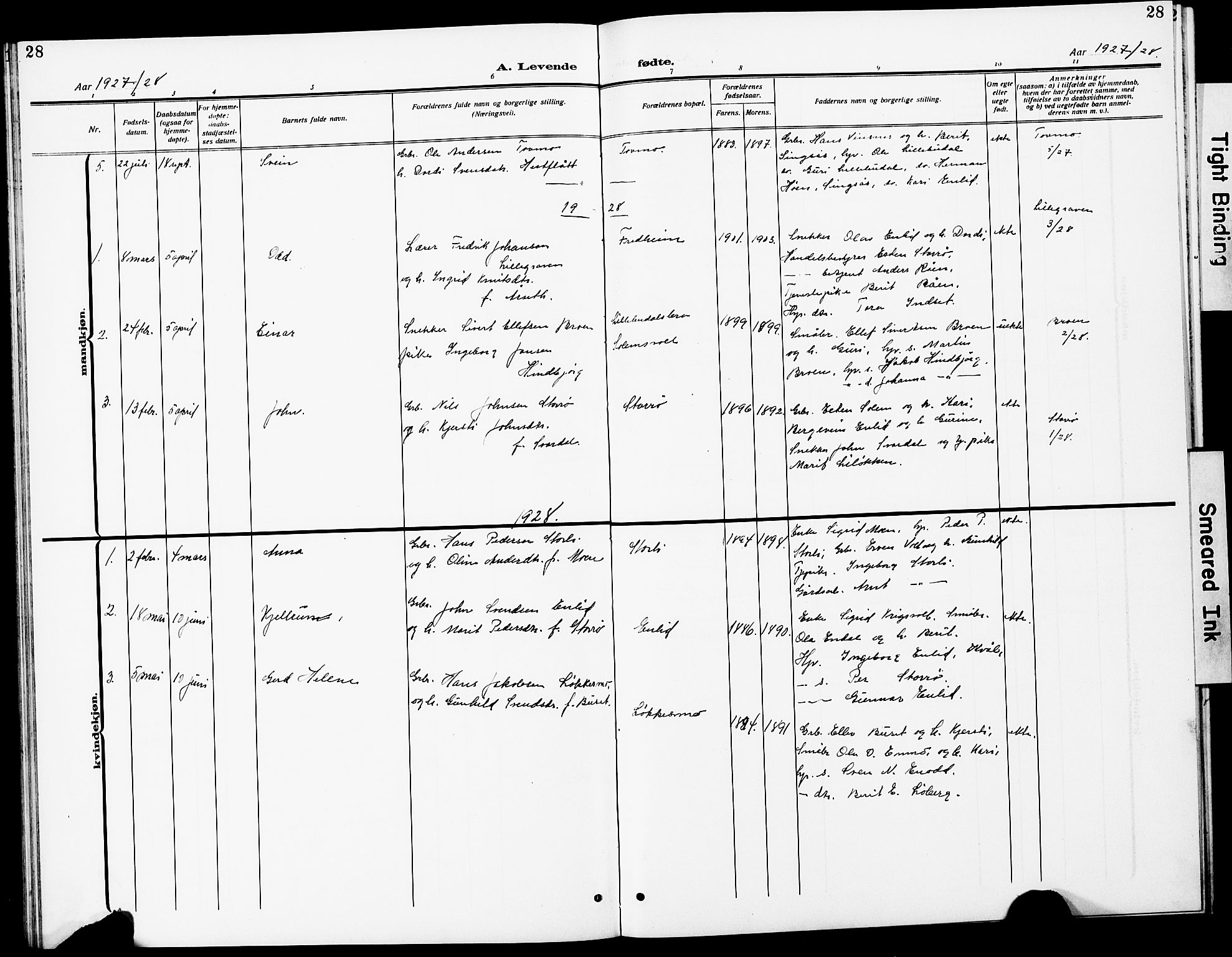 Ministerialprotokoller, klokkerbøker og fødselsregistre - Sør-Trøndelag, AV/SAT-A-1456/690/L1052: Parish register (copy) no. 690C02, 1907-1929, p. 28