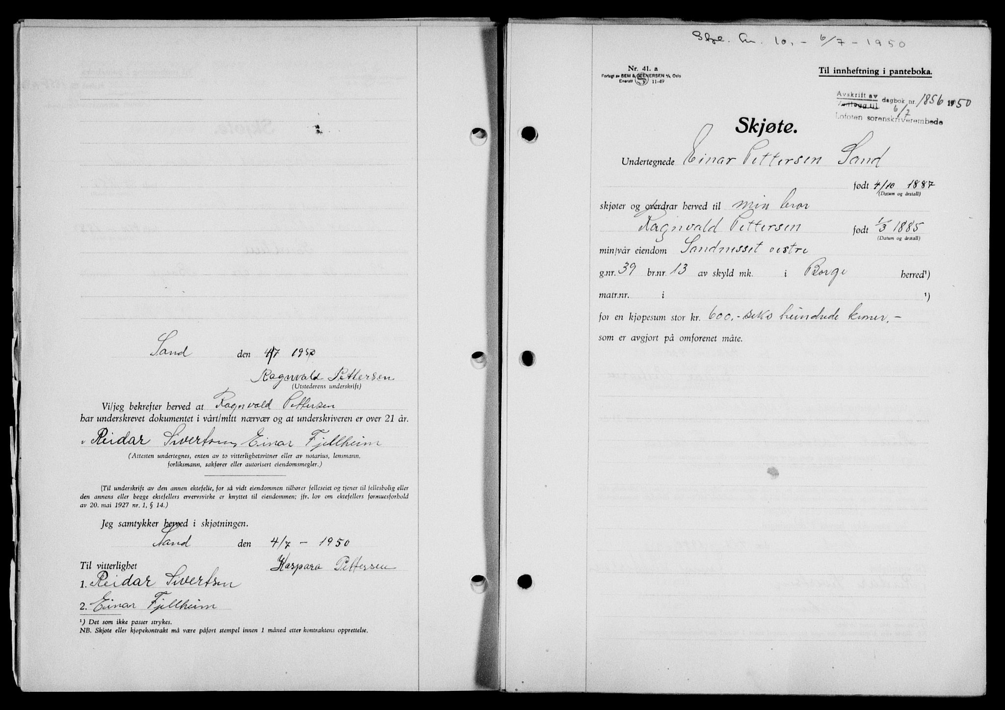 Lofoten sorenskriveri, SAT/A-0017/1/2/2C/L0024a: Mortgage book no. 24a, 1950-1950, Diary no: : 1856/1950