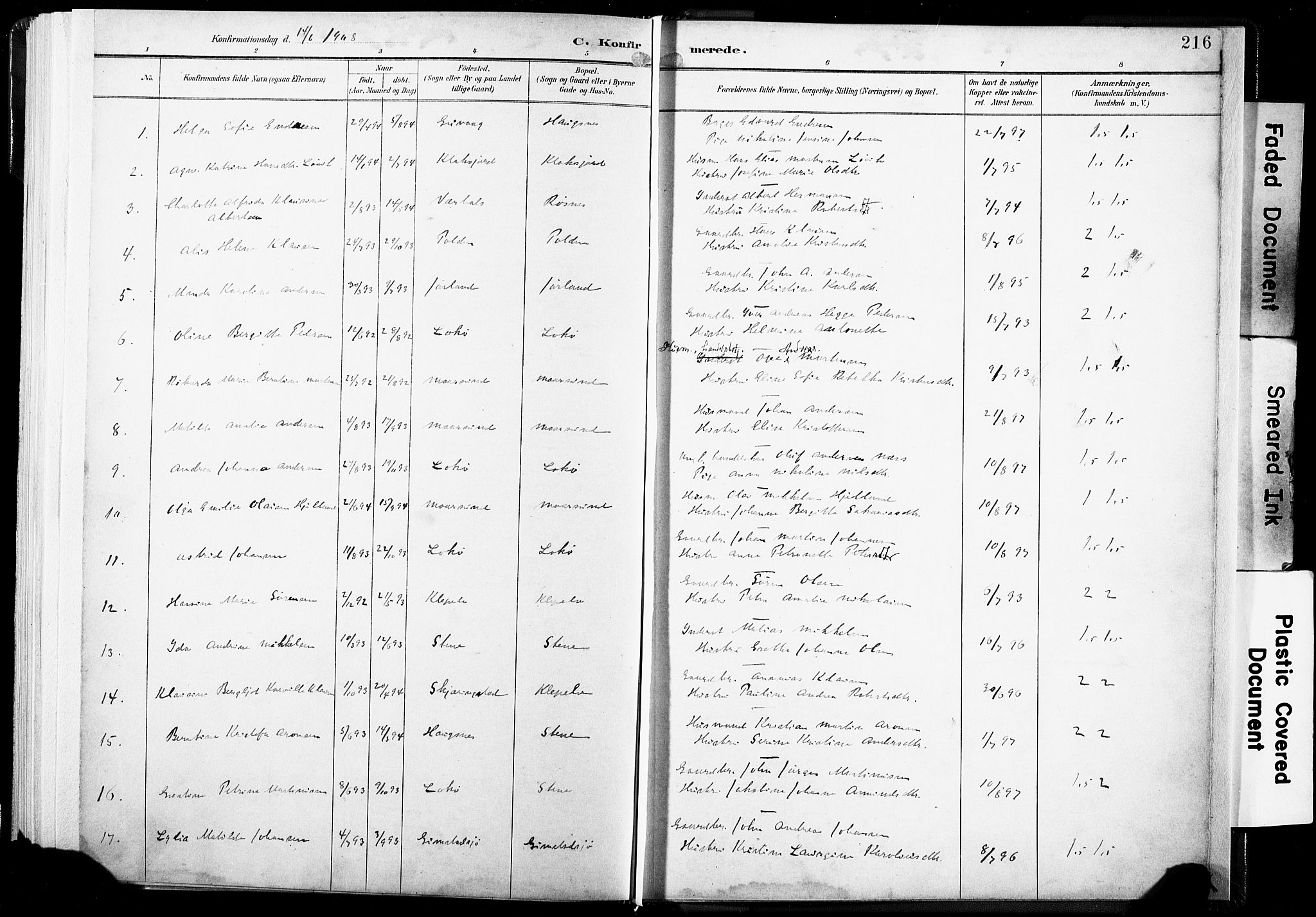 Ministerialprotokoller, klokkerbøker og fødselsregistre - Nordland, AV/SAT-A-1459/891/L1304: Parish register (official) no. 891A09, 1895-1921, p. 216