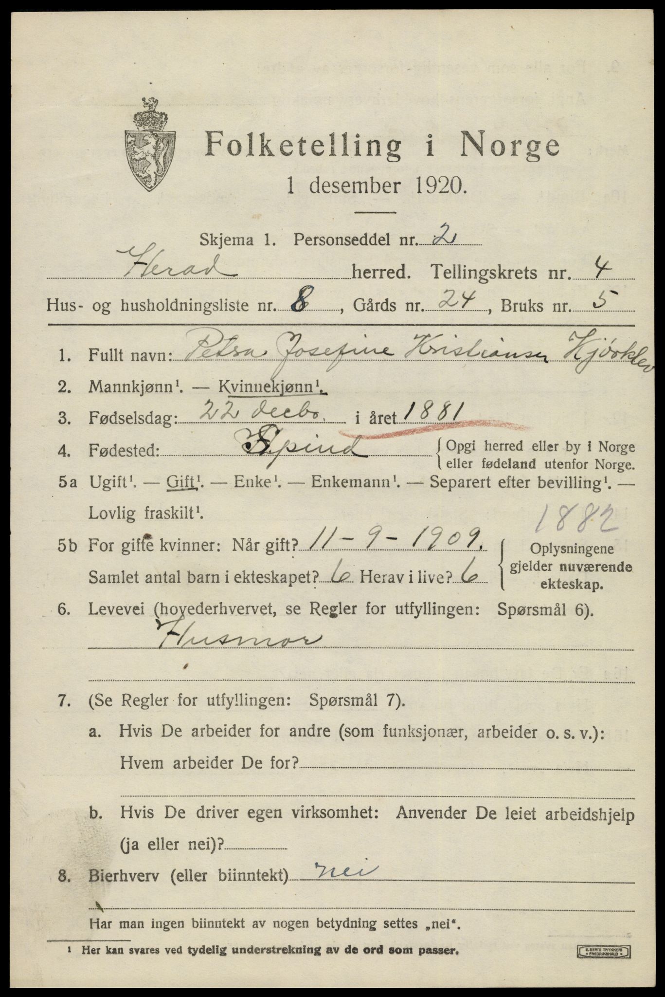 SAK, 1920 census for Herad, 1920, p. 1808