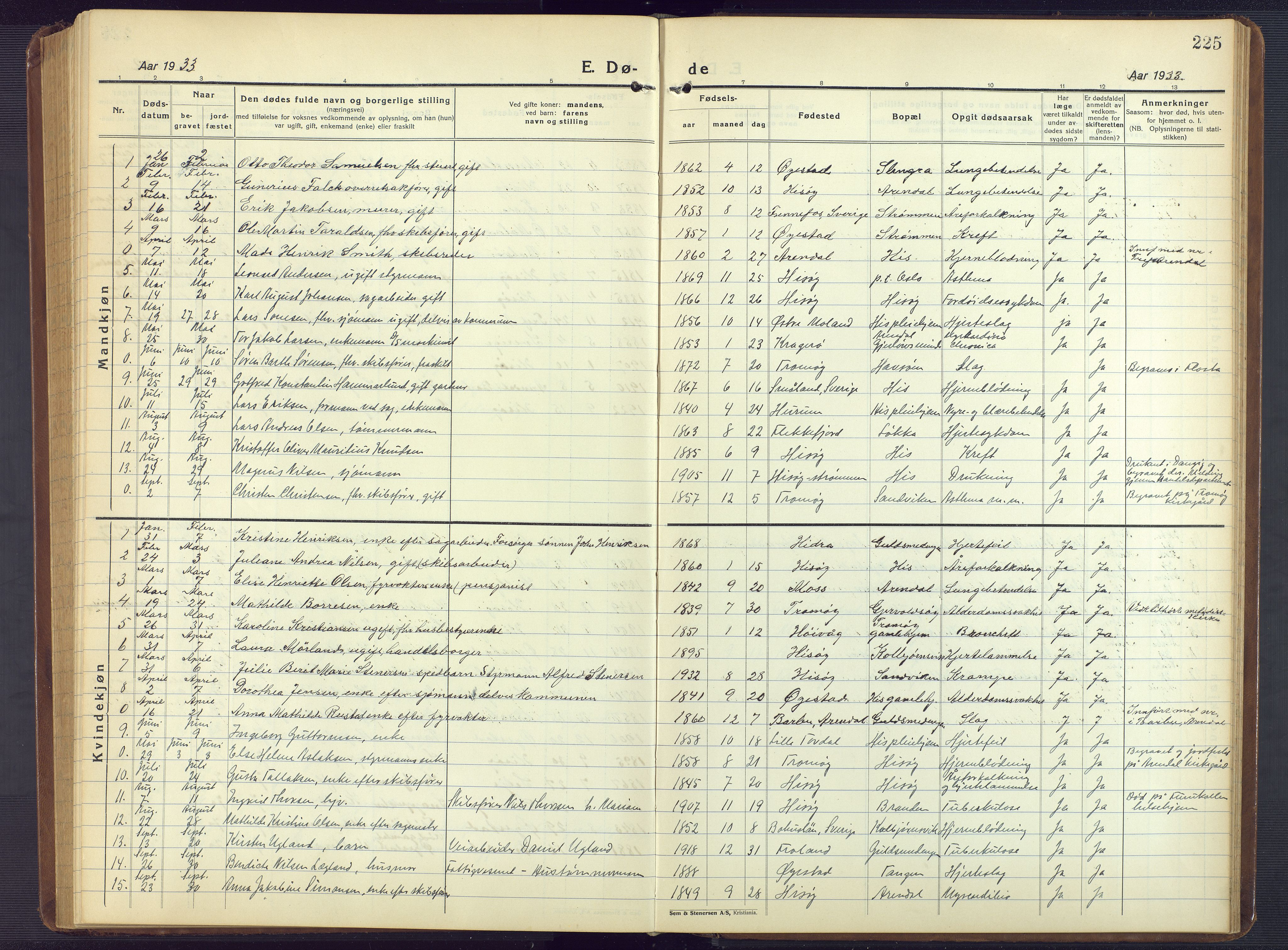 Hisøy sokneprestkontor, AV/SAK-1111-0020/F/Fb/L0005: Parish register (copy) no. B 5, 1924-1946, p. 225