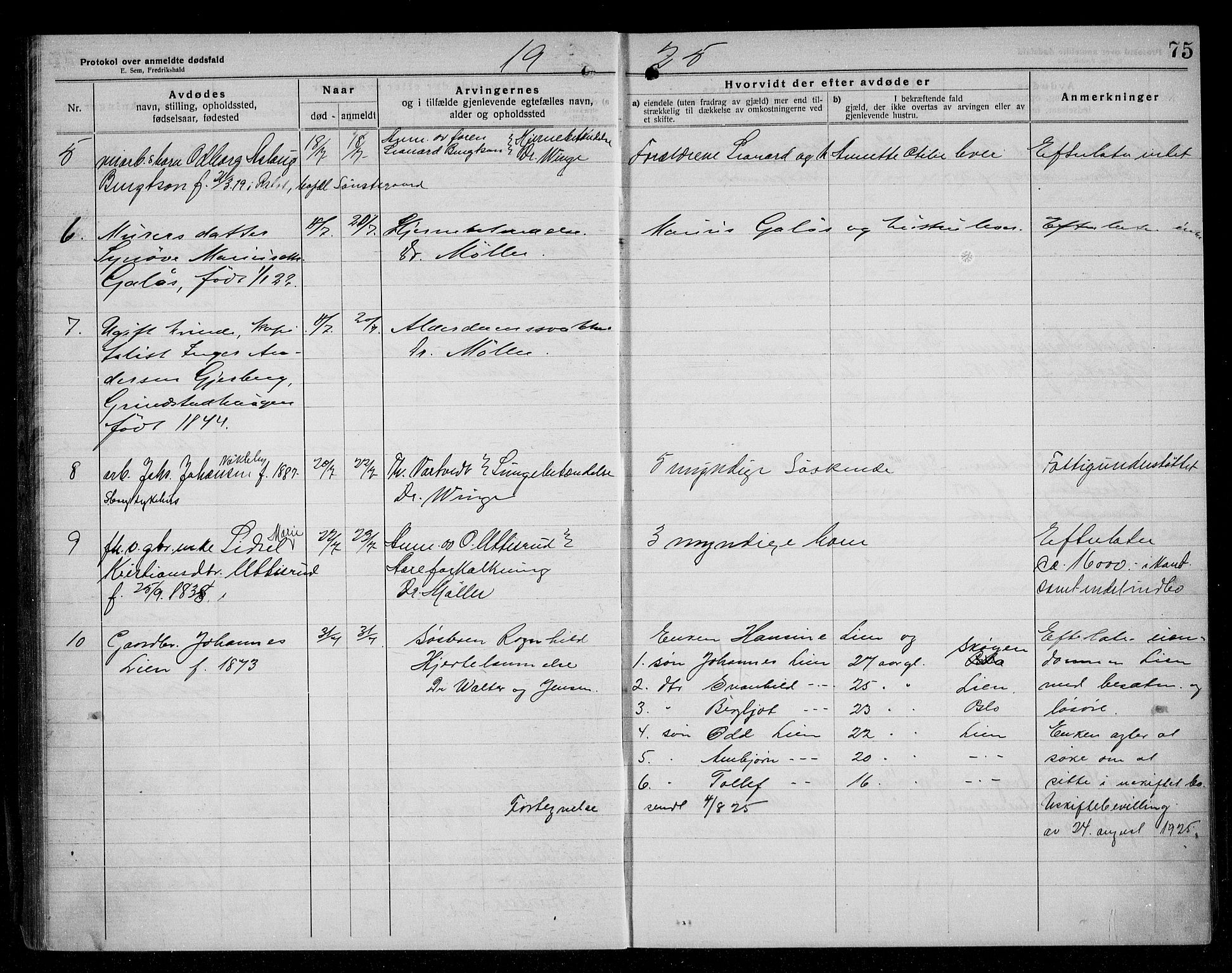 Rakkestad lensmannskontor, AV/SAO-A-10004/H/Ha/Haa/L0004: Dødsanmeldelsesprotokoll, 1920-1931, p. 75