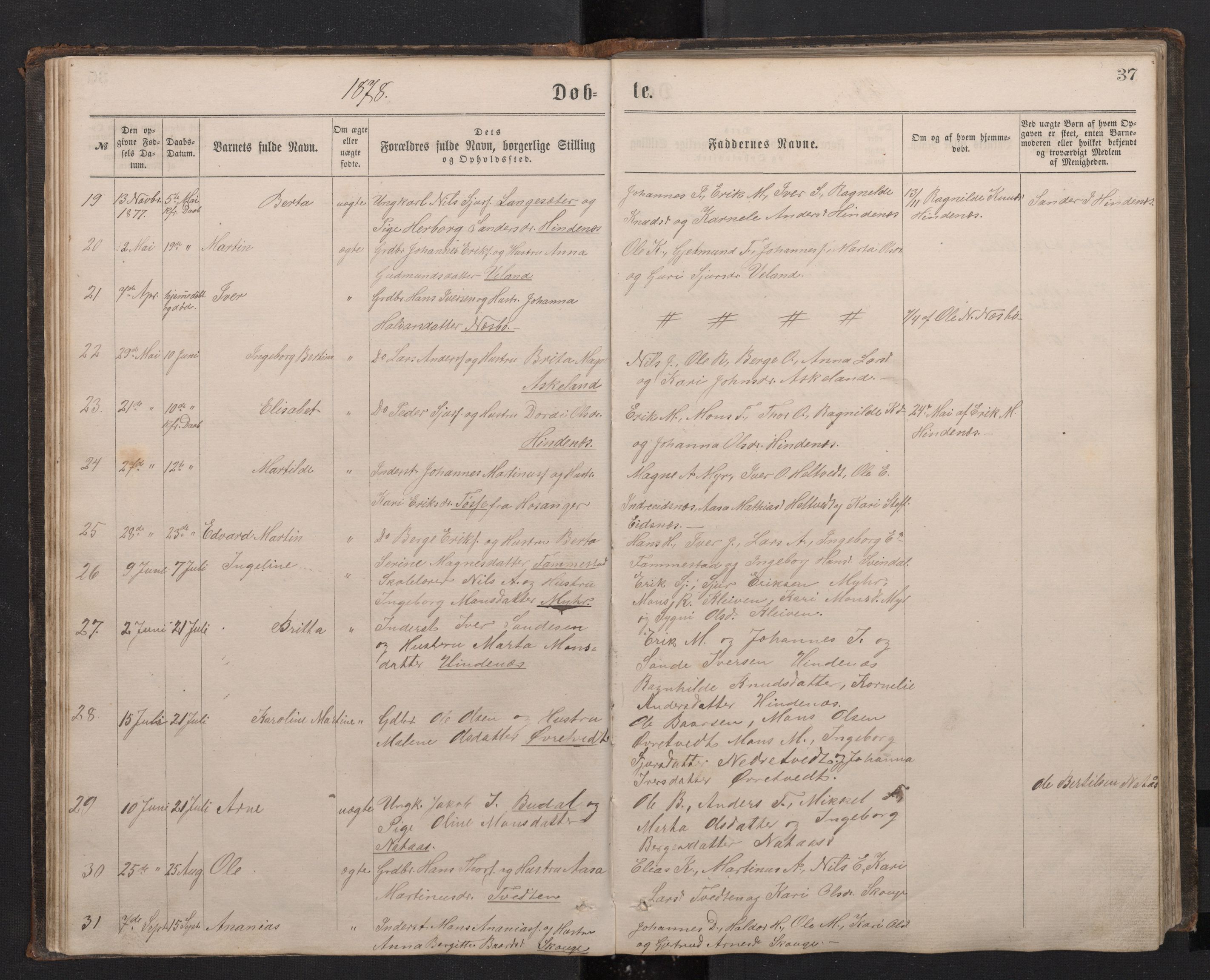 Lindås Sokneprestembete, SAB/A-76701/H/Hab: Parish register (copy) no. E 2, 1867-1892, p. 36b-37a
