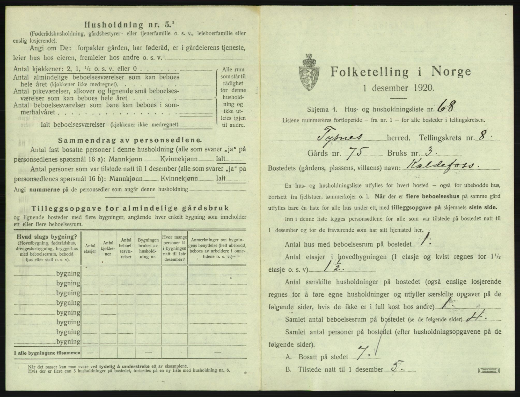 SAB, 1920 census for Tysnes, 1920, p. 805