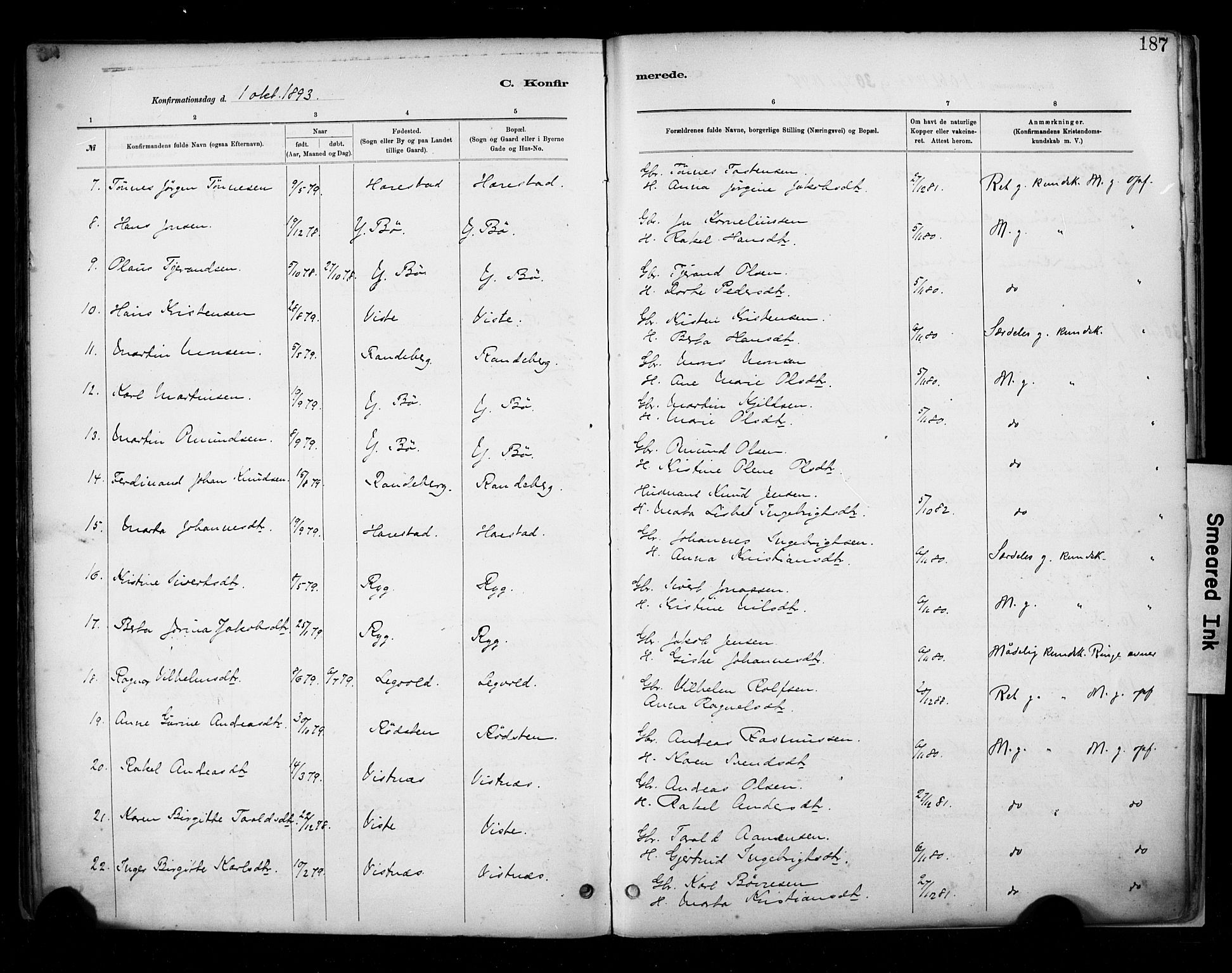 Hetland sokneprestkontor, SAST/A-101826/30/30BA/L0009: Parish register (official) no. A 9, 1882-1918, p. 187