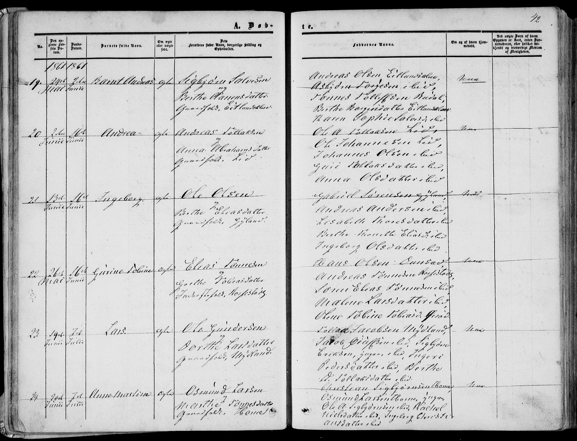 Bakke sokneprestkontor, AV/SAK-1111-0002/F/Fa/Fab/L0002: Parish register (official) no. A 2, 1855-1884, p. 42