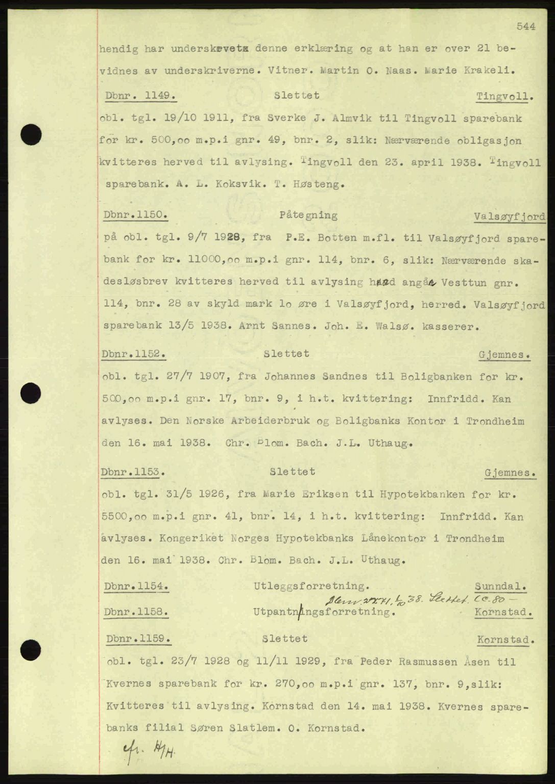 Nordmøre sorenskriveri, AV/SAT-A-4132/1/2/2Ca: Mortgage book no. C80, 1936-1939, Diary no: : 1149/1938