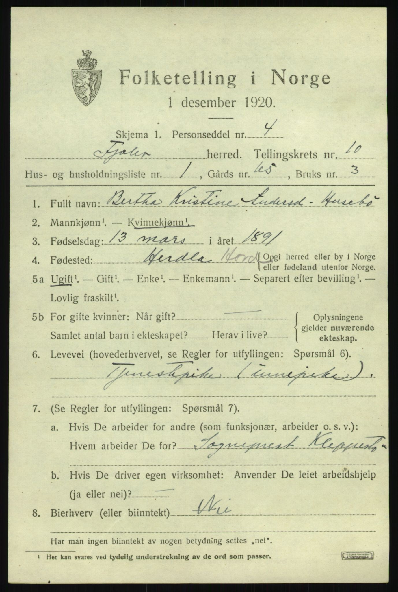 SAB, 1920 census for Fjaler, 1920, p. 4953