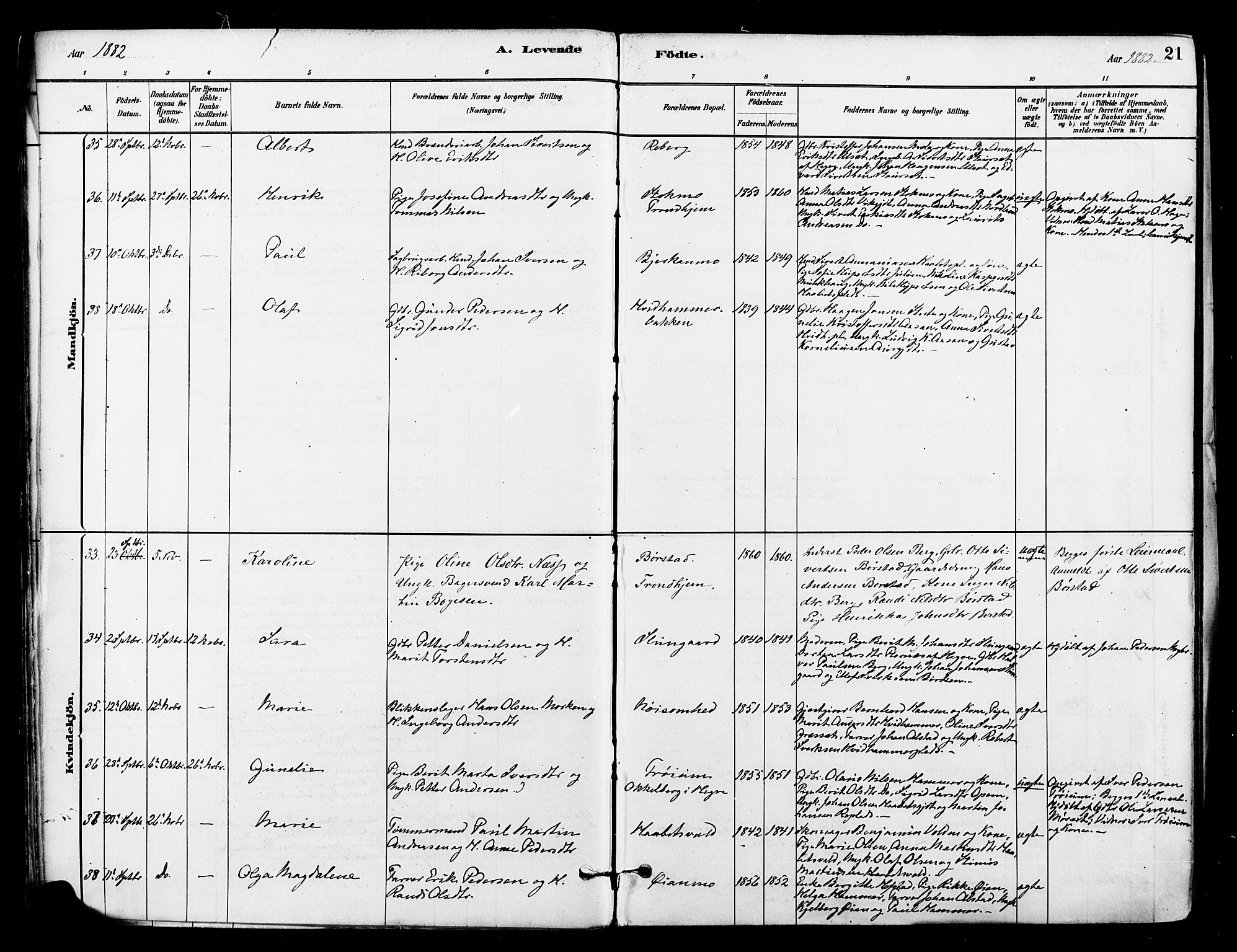 Ministerialprotokoller, klokkerbøker og fødselsregistre - Nord-Trøndelag, SAT/A-1458/709/L0077: Parish register (official) no. 709A17, 1880-1895, p. 21