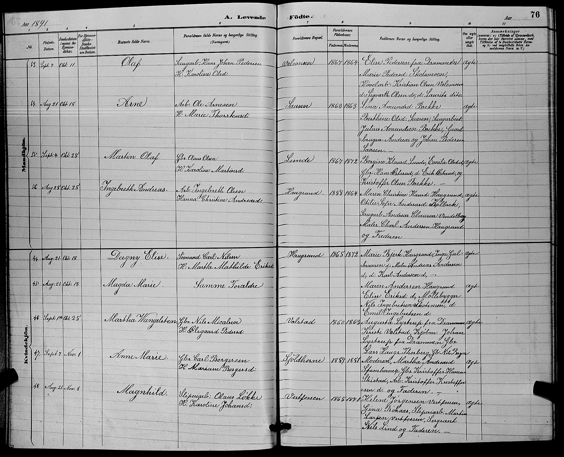 Eiker kirkebøker, AV/SAKO-A-4/G/Ga/L0006: Parish register (copy) no. I 6, 1885-1893, p. 76