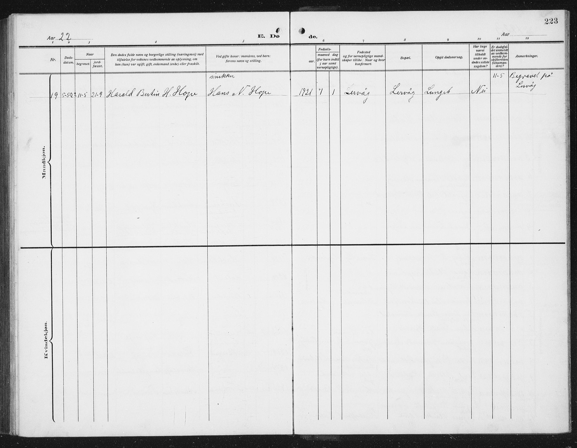 Lindås Sokneprestembete, SAB/A-76701/H/Hab: Parish register (copy) no. C 5, 1910-1927, p. 223