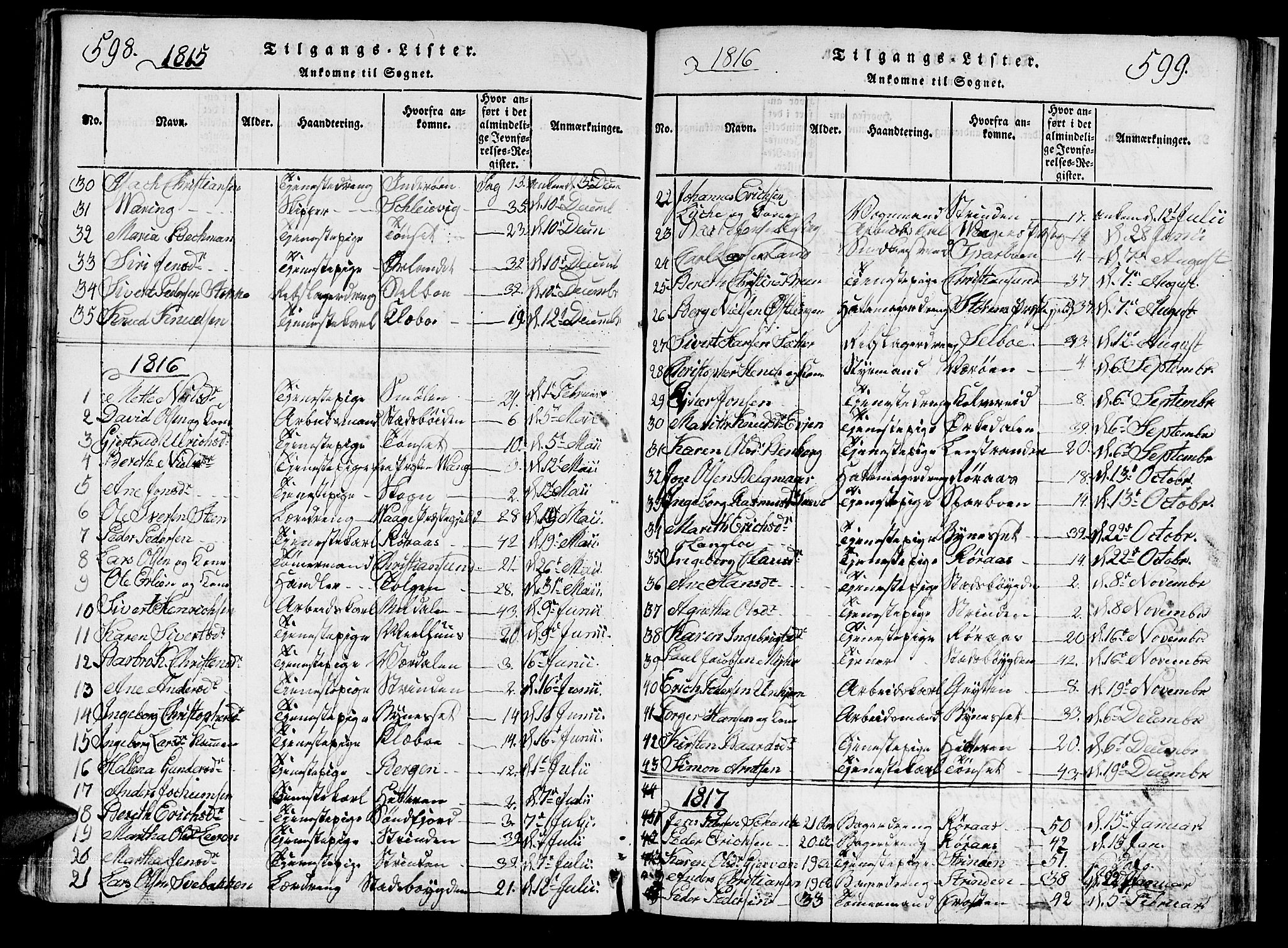 Ministerialprotokoller, klokkerbøker og fødselsregistre - Sør-Trøndelag, SAT/A-1456/601/L0043: Parish register (official) no. 601A11, 1815-1821, p. 598-599