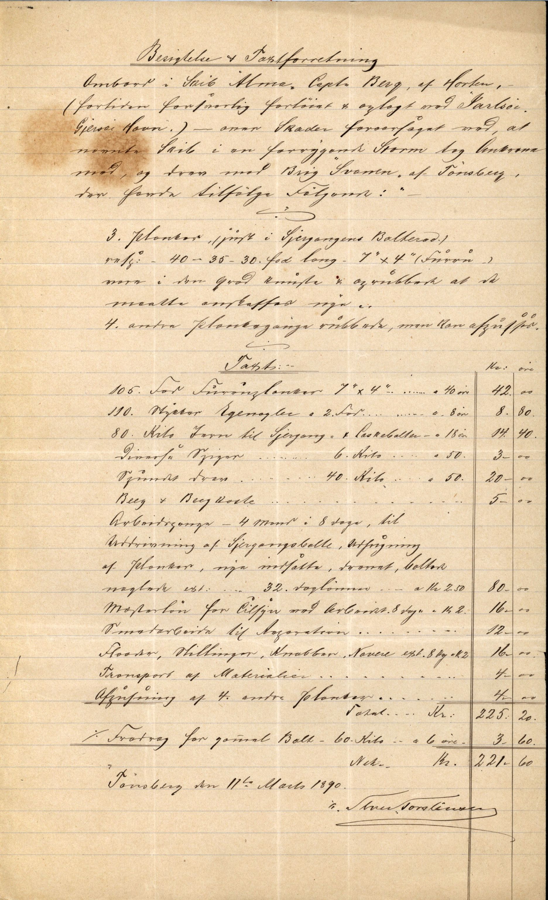 Pa 63 - Østlandske skibsassuranceforening, VEMU/A-1079/G/Ga/L0026/0007: Havaridokumenter / Arctic, Biskop Brun, Agnese, Annie, Alma, Bertha Rød, 1890, p. 31