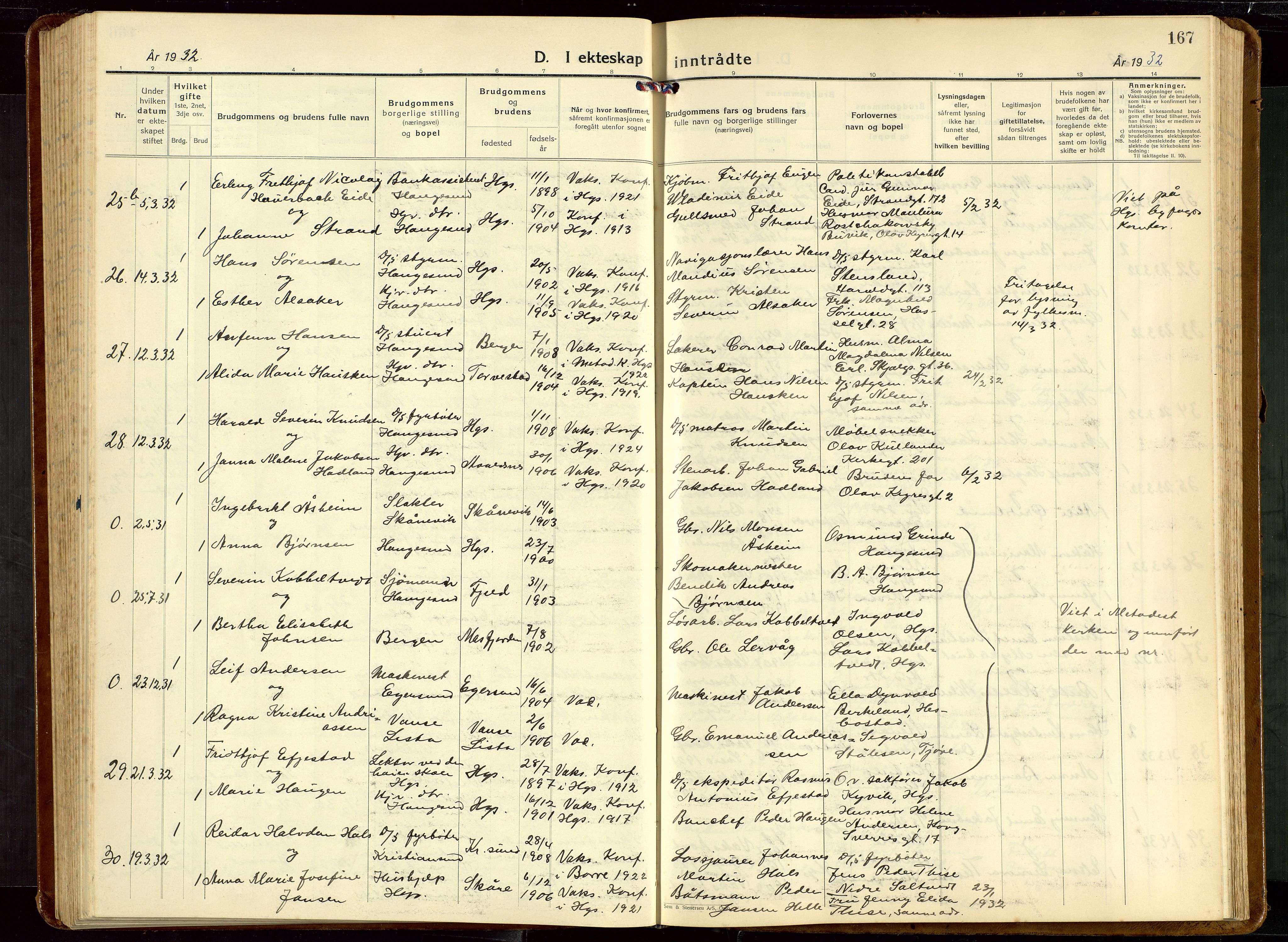 Haugesund sokneprestkontor, AV/SAST-A -101863/H/Ha/Hab/L0013: Parish register (copy) no. B 13, 1931-1943, p. 167