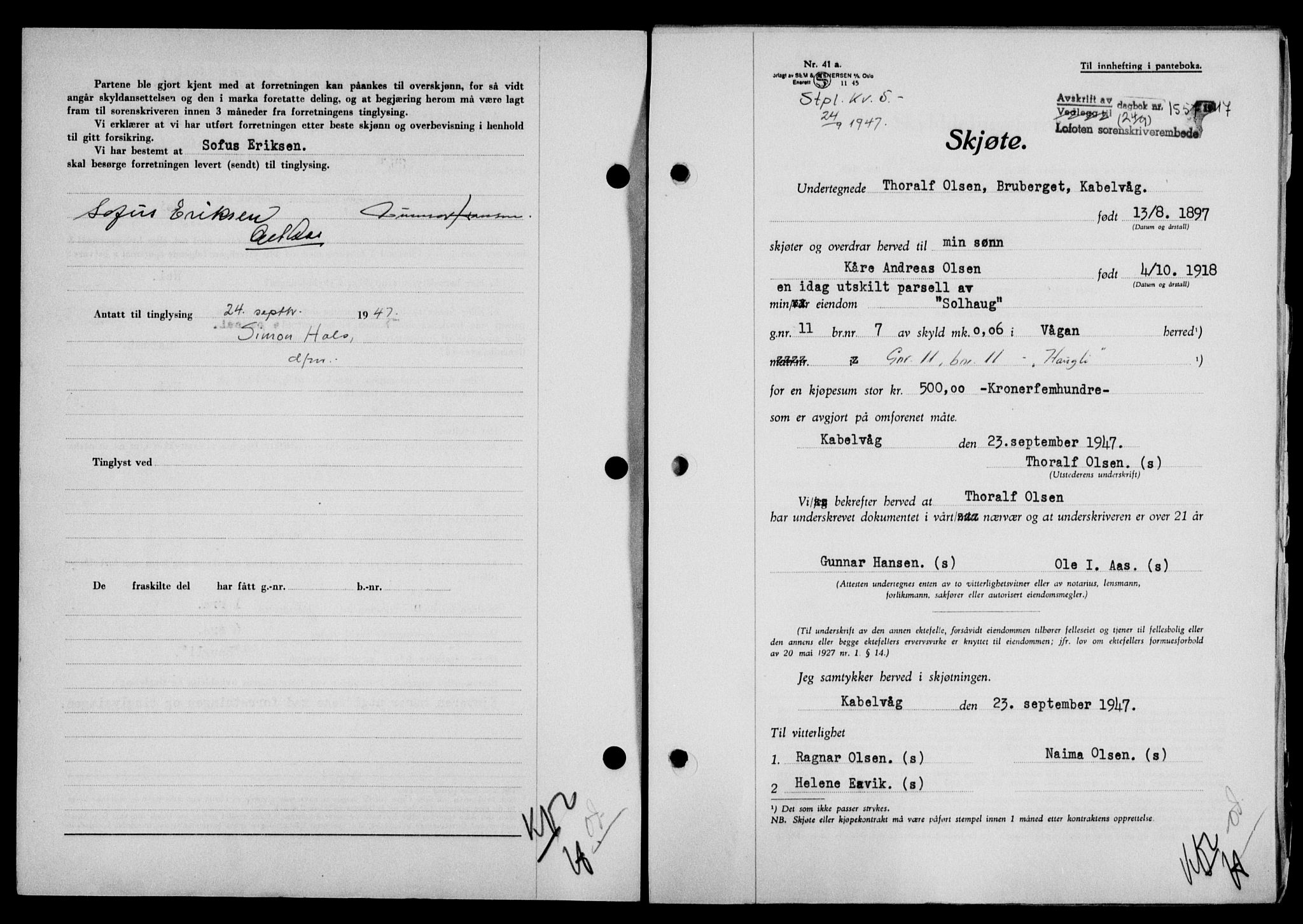 Lofoten sorenskriveri, SAT/A-0017/1/2/2C/L0016a: Mortgage book no. 16a, 1947-1947, Diary no: : 1557/1947