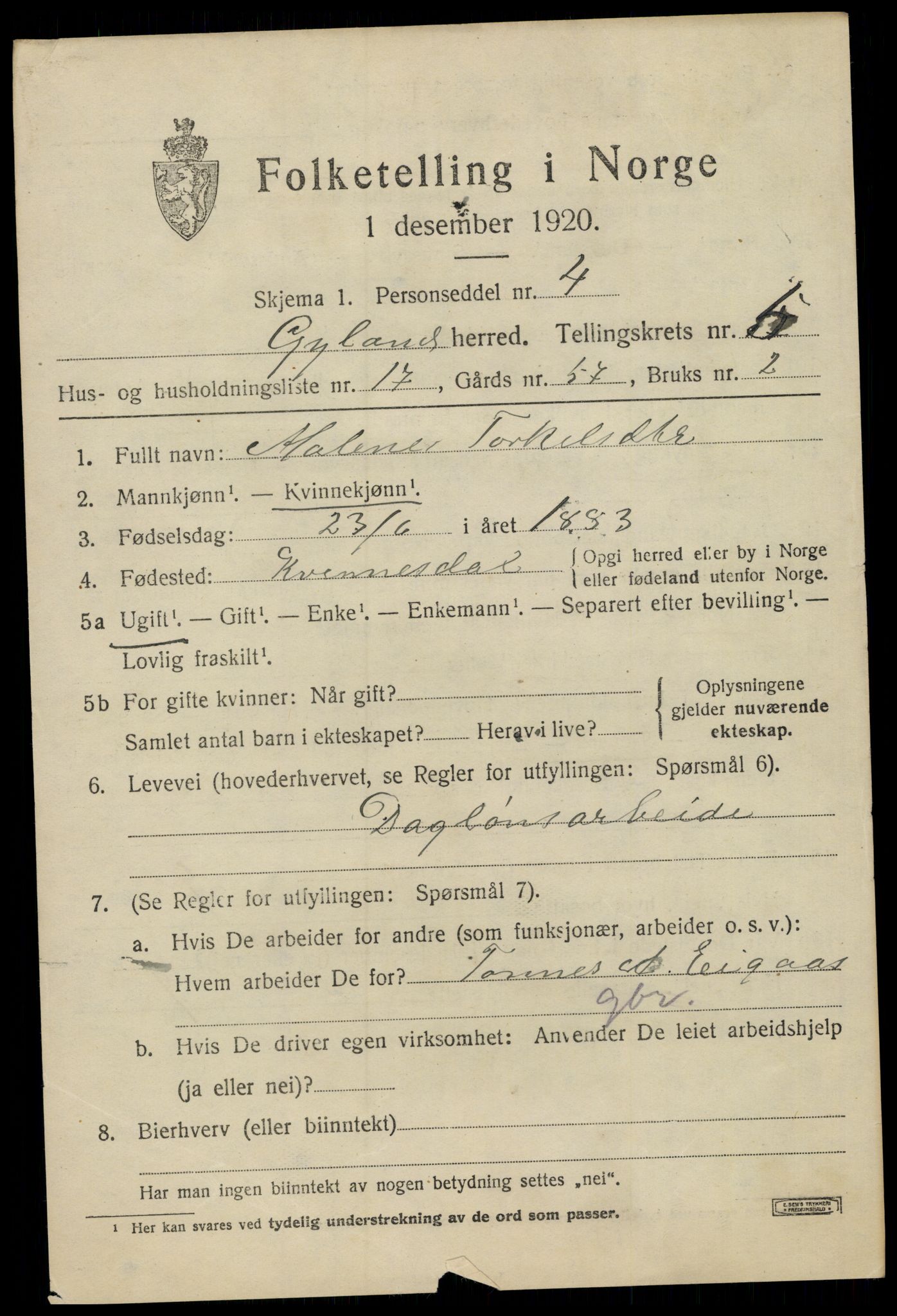 SAK, 1920 census for Gyland, 1920, p. 1316