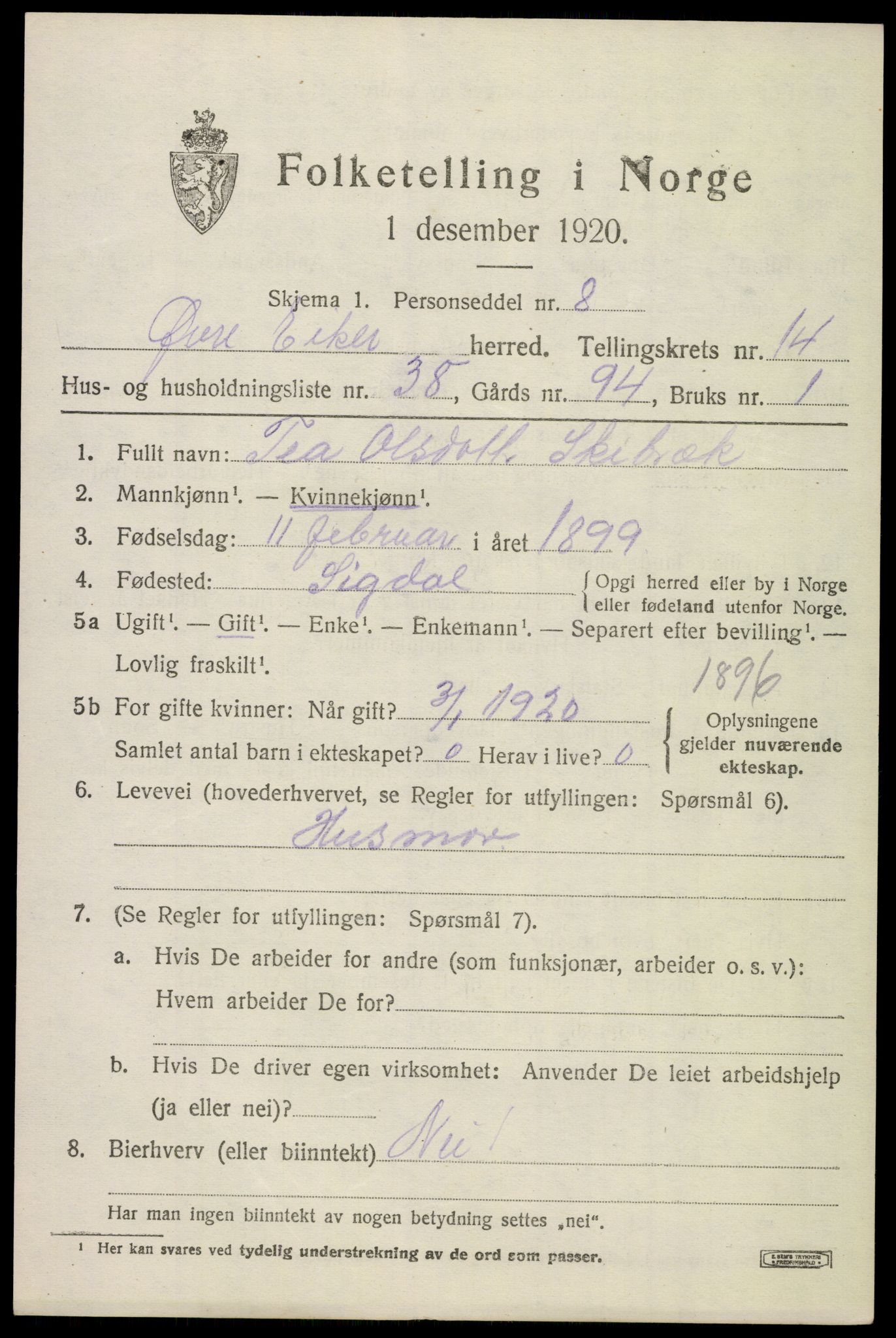 SAKO, 1920 census for Øvre Eiker, 1920, p. 20654