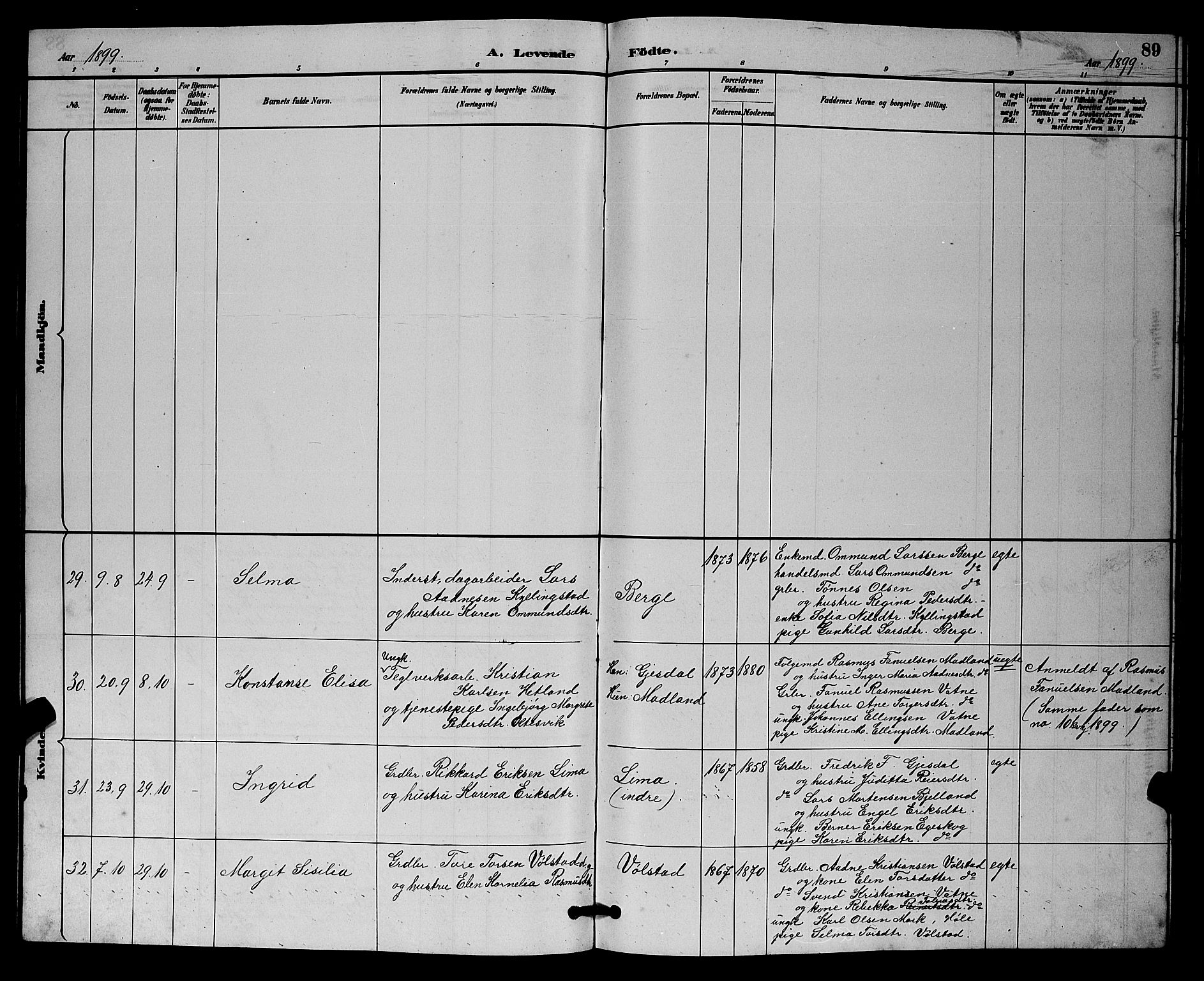 Lye sokneprestkontor, AV/SAST-A-101794/001/30BB/L0008: Parish register (copy) no. B 7, 1887-1901, p. 89