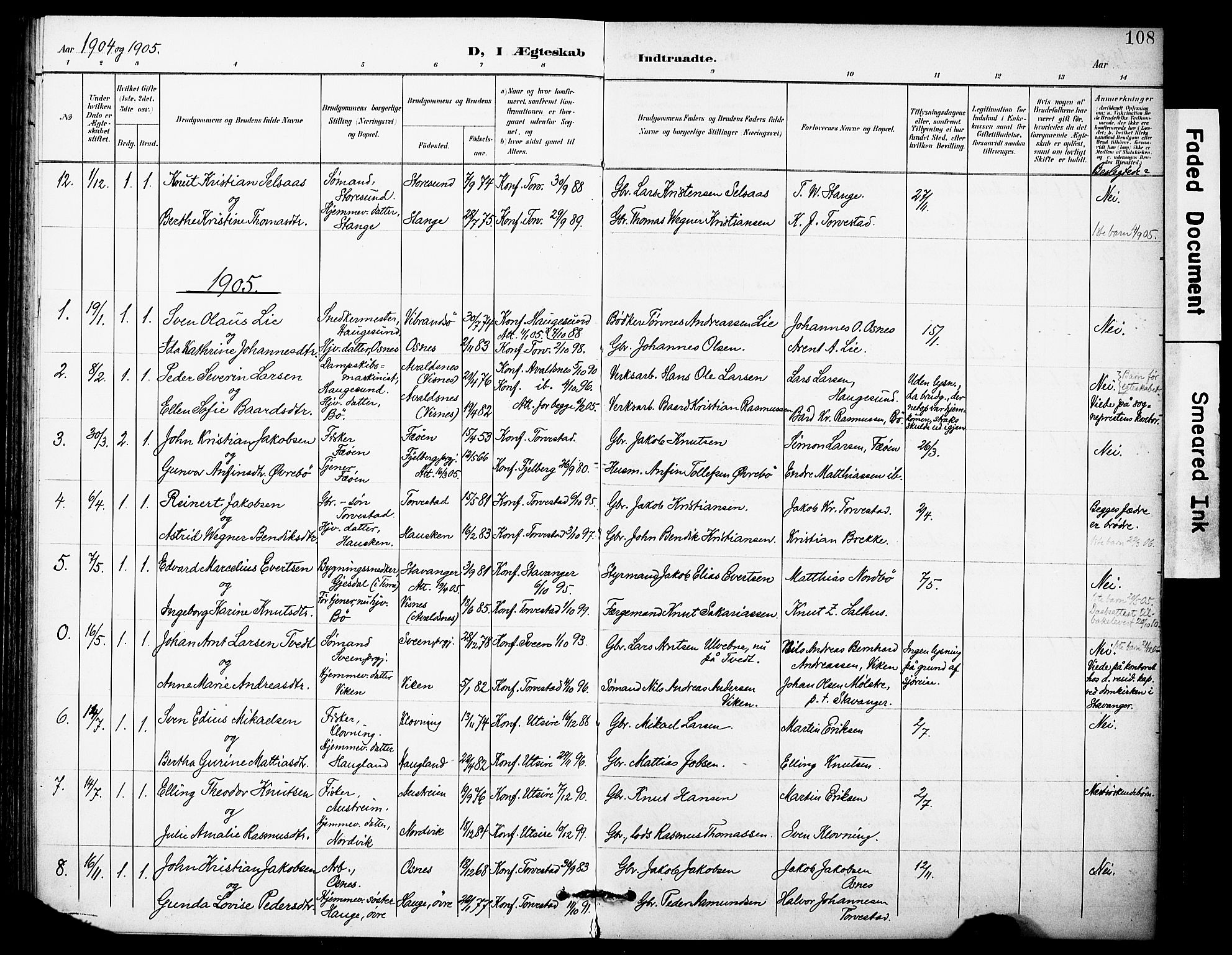 Torvastad sokneprestkontor, SAST/A -101857/H/Ha/Haa/L0017: Parish register (official) no. A 16, 1899-1911, p. 108