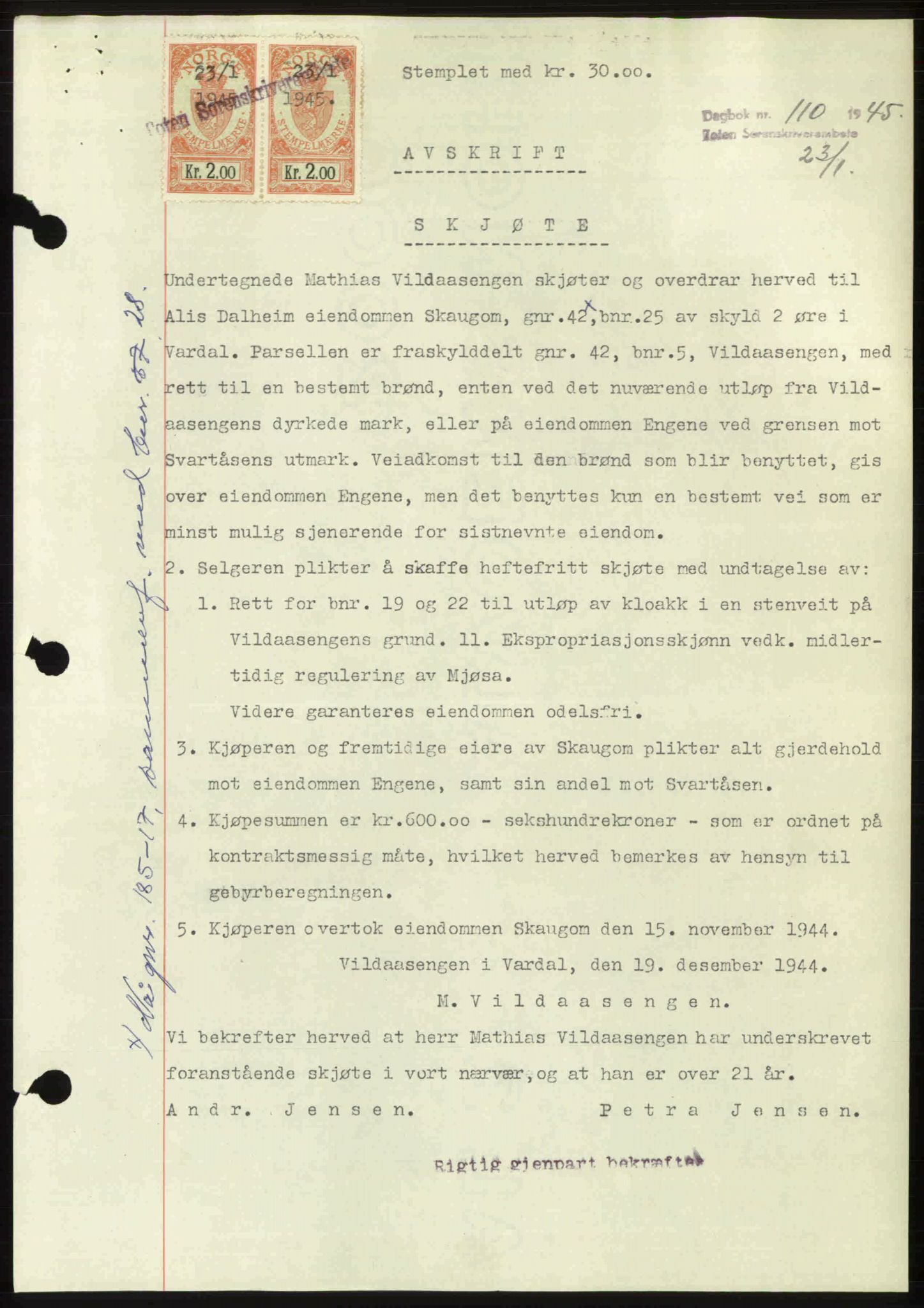 Toten tingrett, SAH/TING-006/H/Hb/Hbc/L0013: Mortgage book no. Hbc-13, 1945-1945, Diary no: : 110/1945