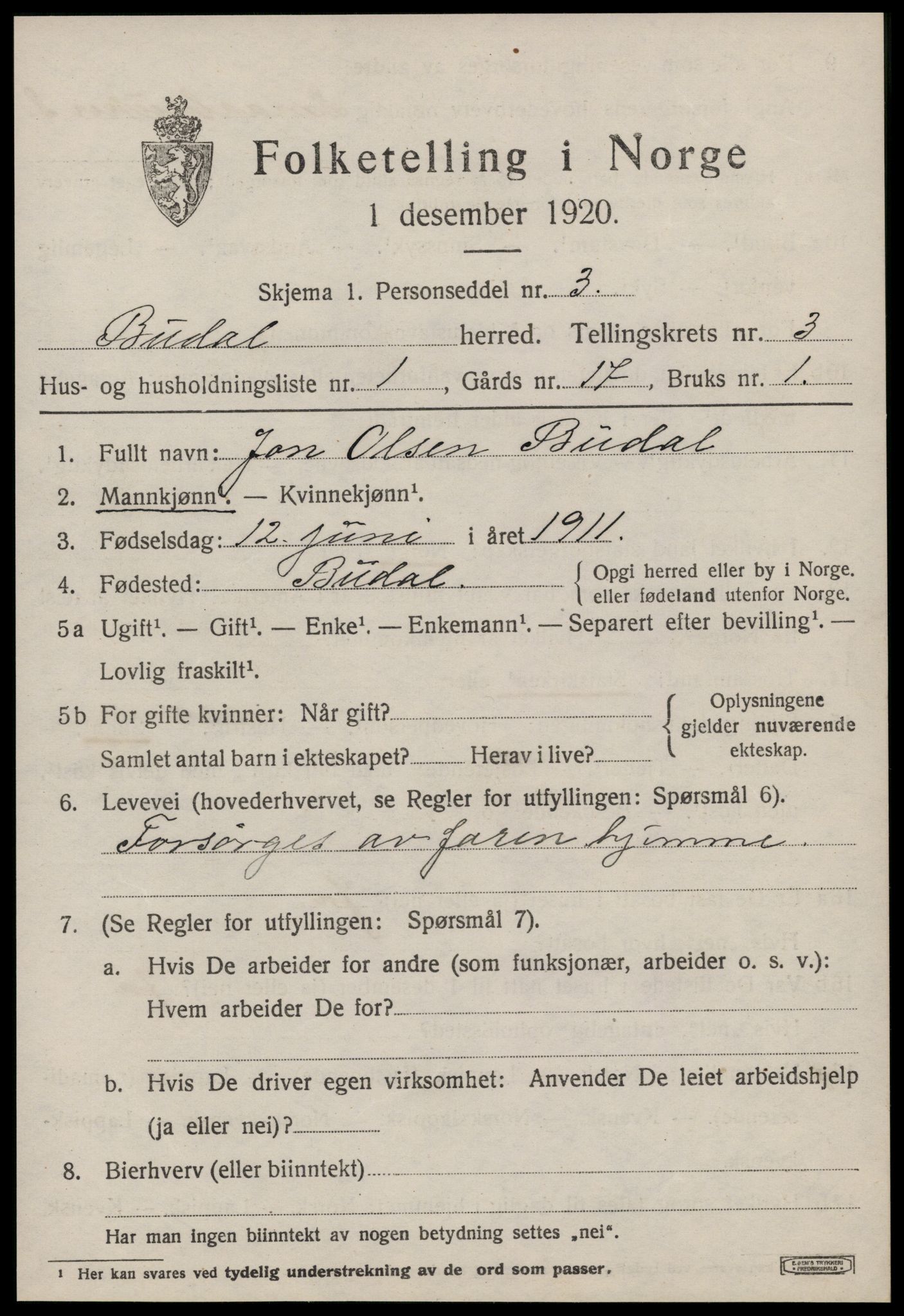 SAT, 1920 census for Budal, 1920, p. 758