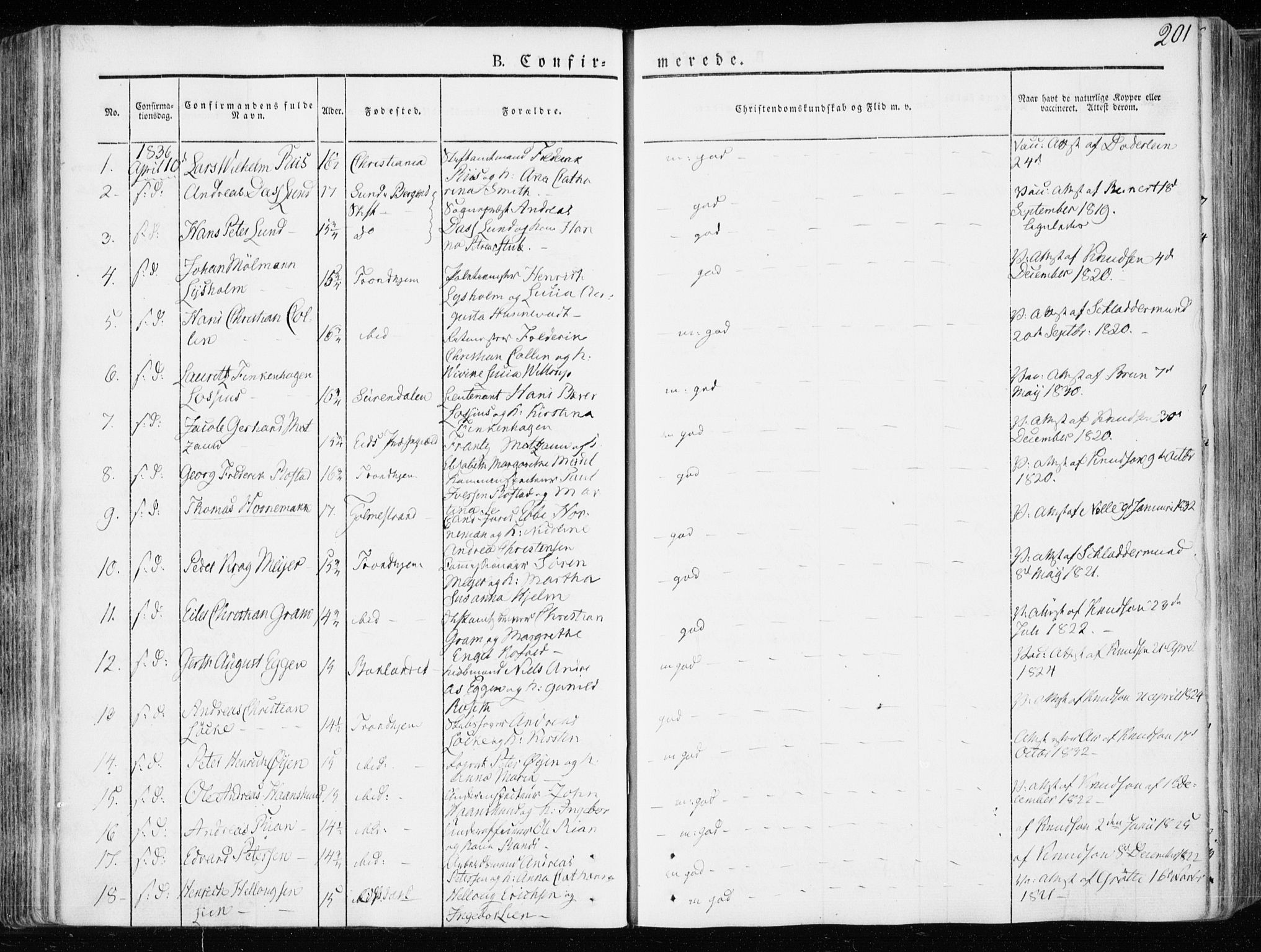 Ministerialprotokoller, klokkerbøker og fødselsregistre - Sør-Trøndelag, AV/SAT-A-1456/601/L0047: Parish register (official) no. 601A15, 1831-1839, p. 201