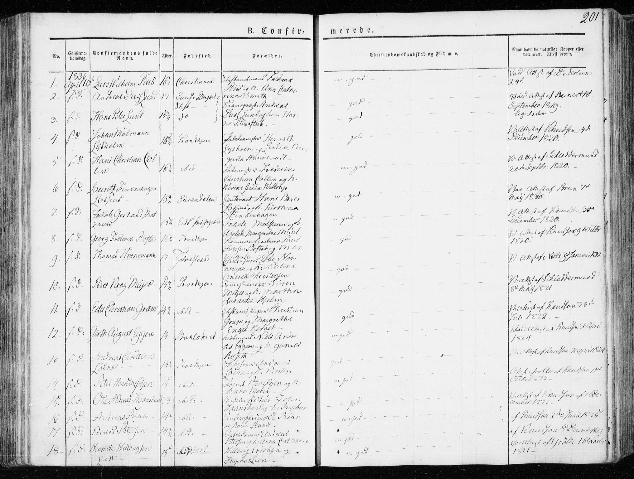 Ministerialprotokoller, klokkerbøker og fødselsregistre - Sør-Trøndelag, AV/SAT-A-1456/601/L0047: Parish register (official) no. 601A15, 1831-1839, p. 201