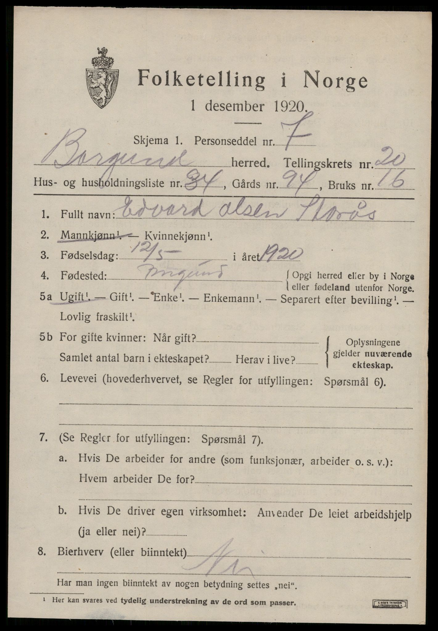 SAT, 1920 census for Borgund, 1920, p. 14306