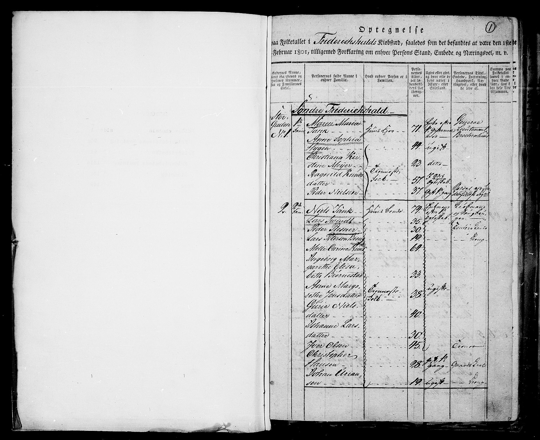 RA, 1801 census for 0101P Fredrikshald, 1801, p. 1a