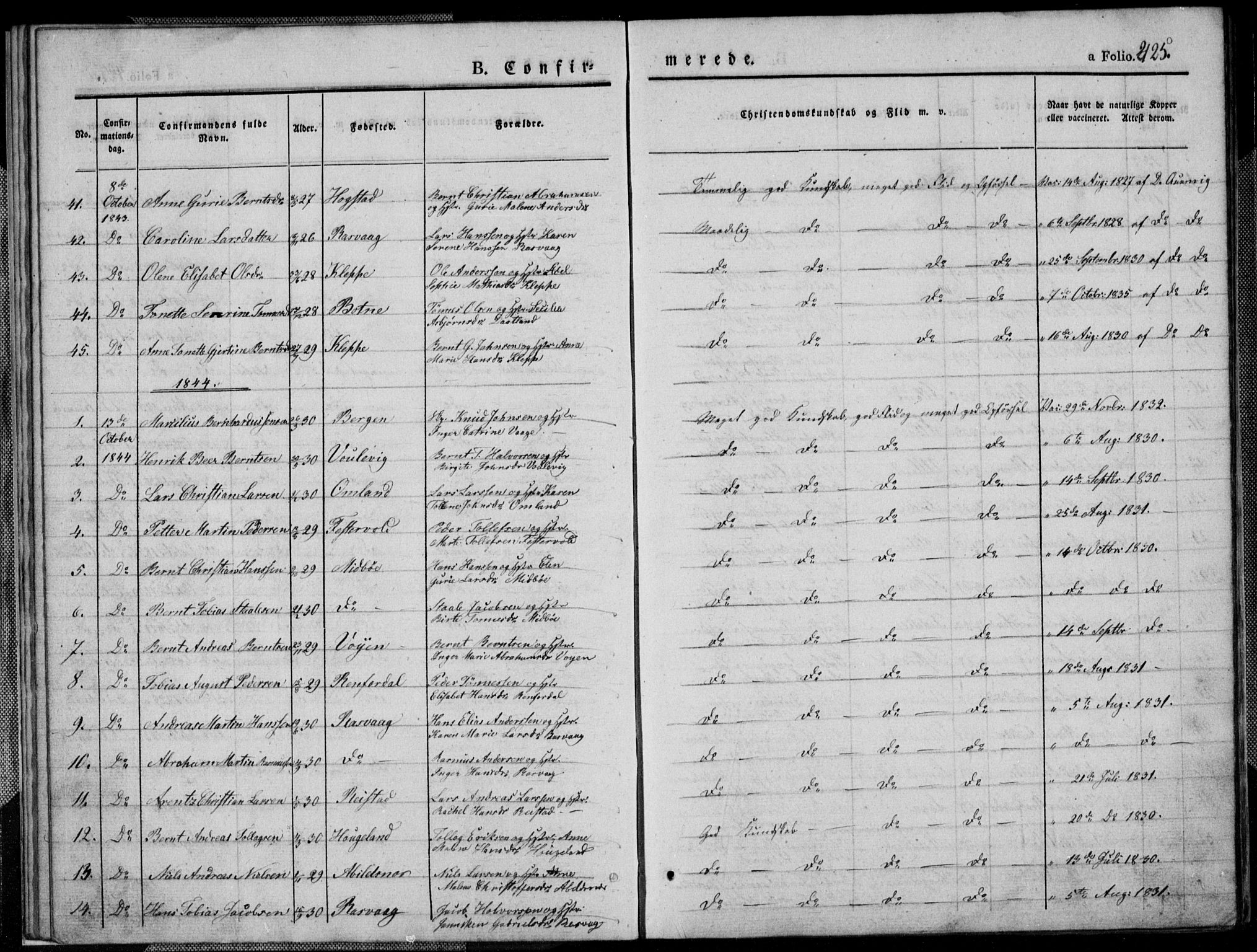 Flekkefjord sokneprestkontor, SAK/1111-0012/F/Fb/Fbb/L0002: Parish register (copy) no. B 2b, 1831-1866, p. 425
