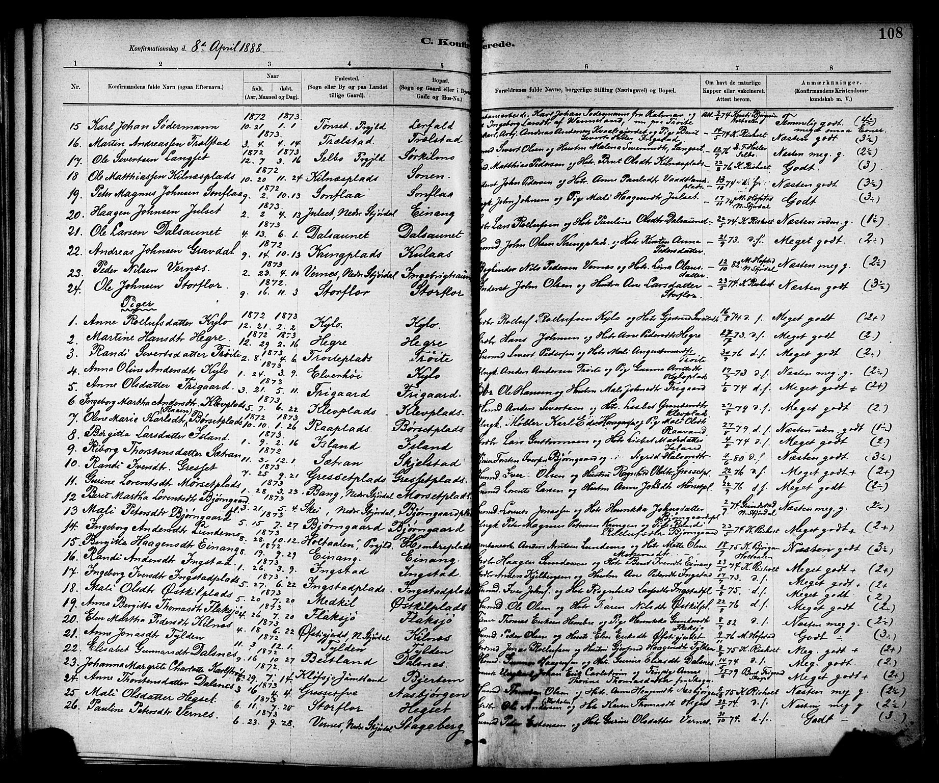 Ministerialprotokoller, klokkerbøker og fødselsregistre - Nord-Trøndelag, SAT/A-1458/703/L0030: Parish register (official) no. 703A03, 1880-1892, p. 108