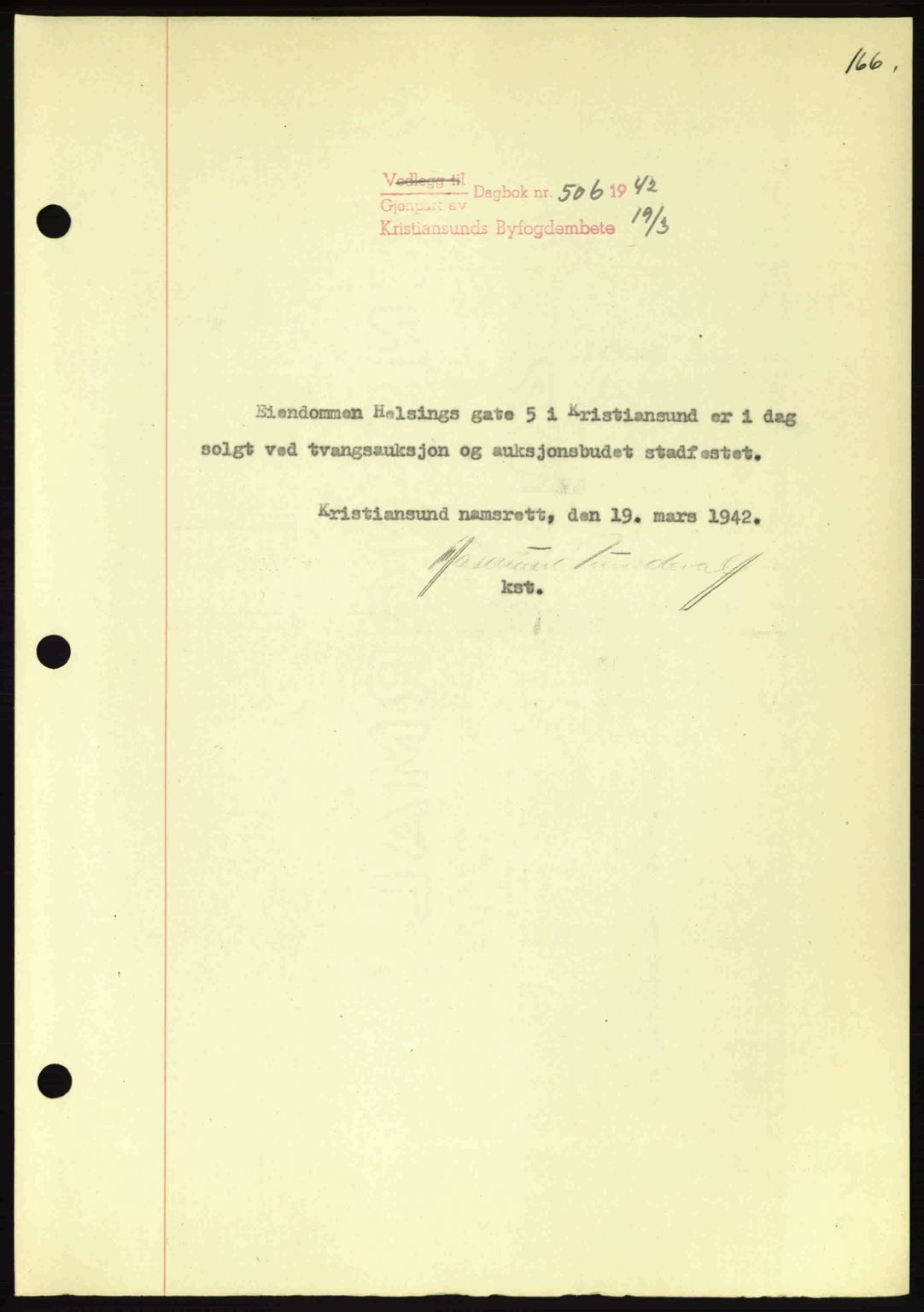 Kristiansund byfogd, AV/SAT-A-4587/A/27: Mortgage book no. 34, 1941-1945, Diary no: : 506/1942