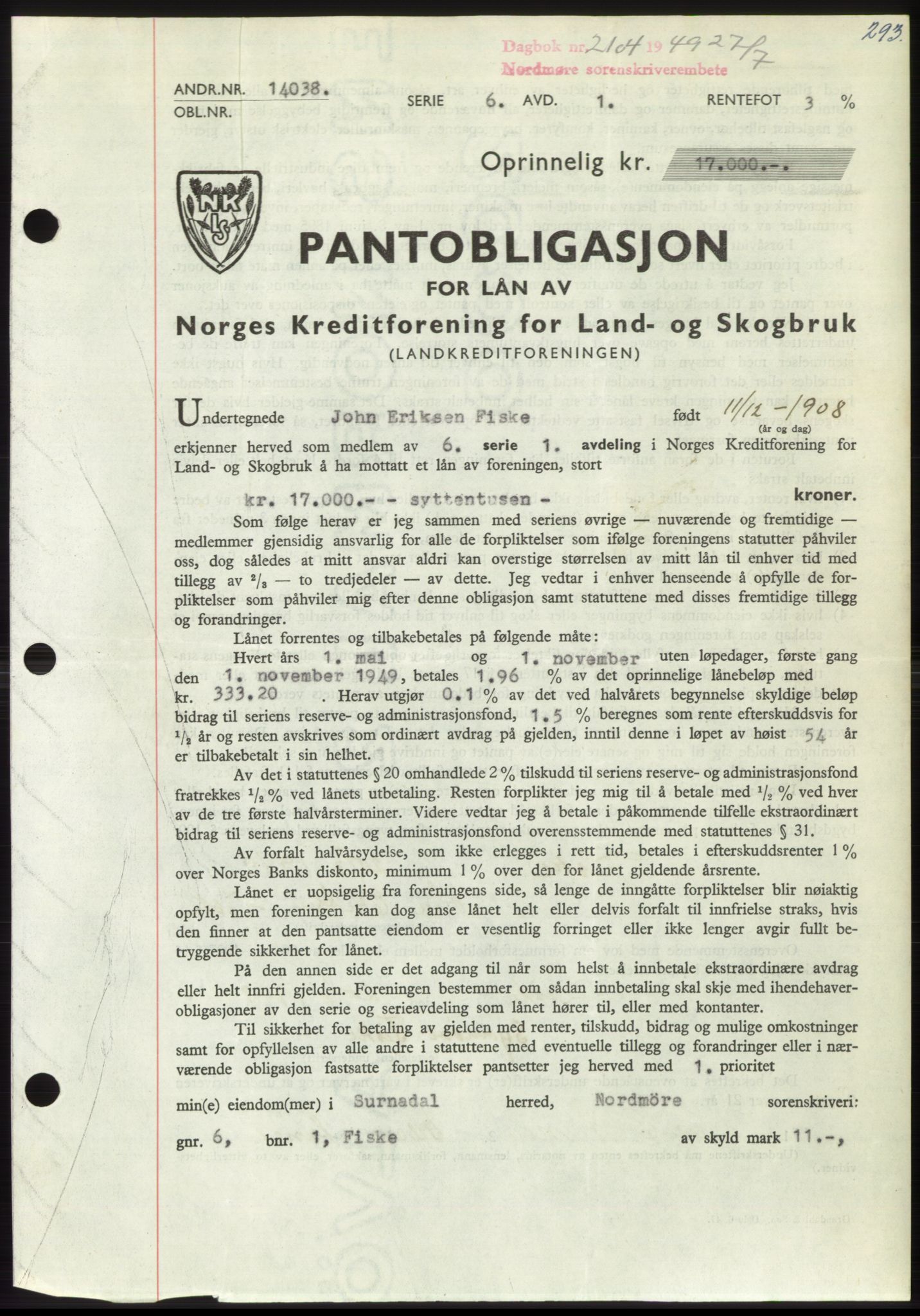 Nordmøre sorenskriveri, AV/SAT-A-4132/1/2/2Ca: Mortgage book no. B102, 1949-1949, Diary no: : 2104/1949