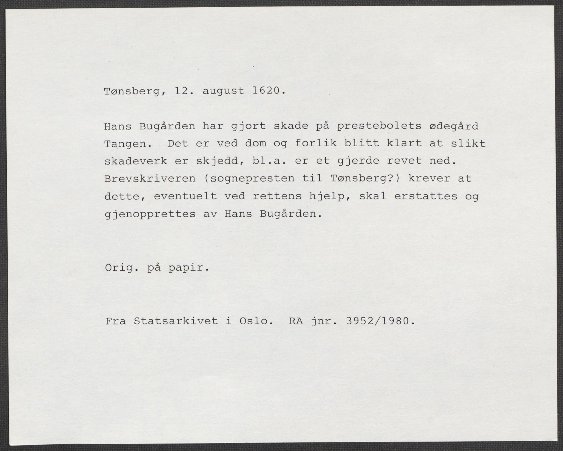 Riksarkivets diplomsamling, RA/EA-5965/F15/L0022: Prestearkiv - Vestfold, 1573-1670, p. 157