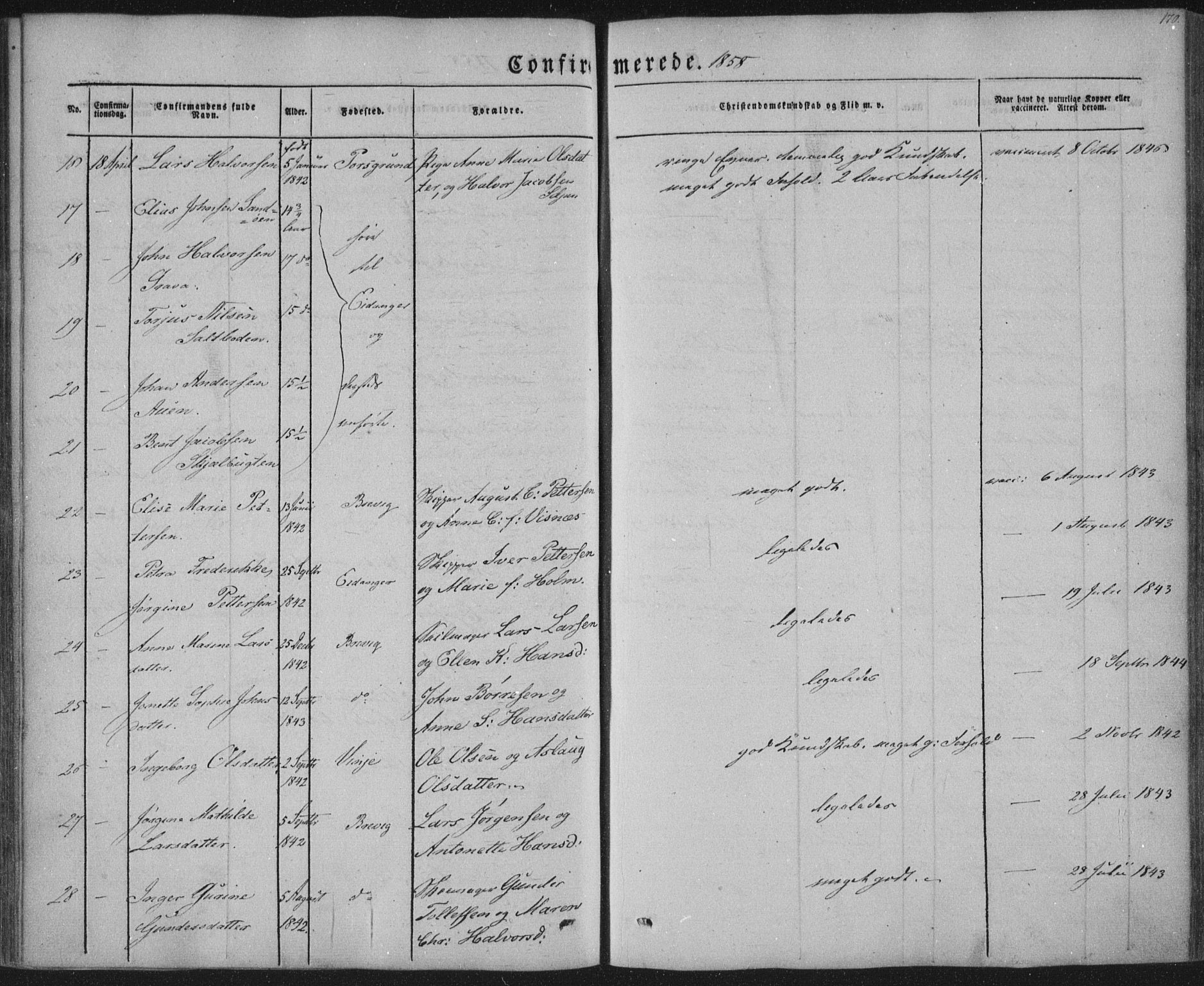 Brevik kirkebøker, AV/SAKO-A-255/F/Fa/L0005: Parish register (official) no. 5, 1847-1865, p. 170