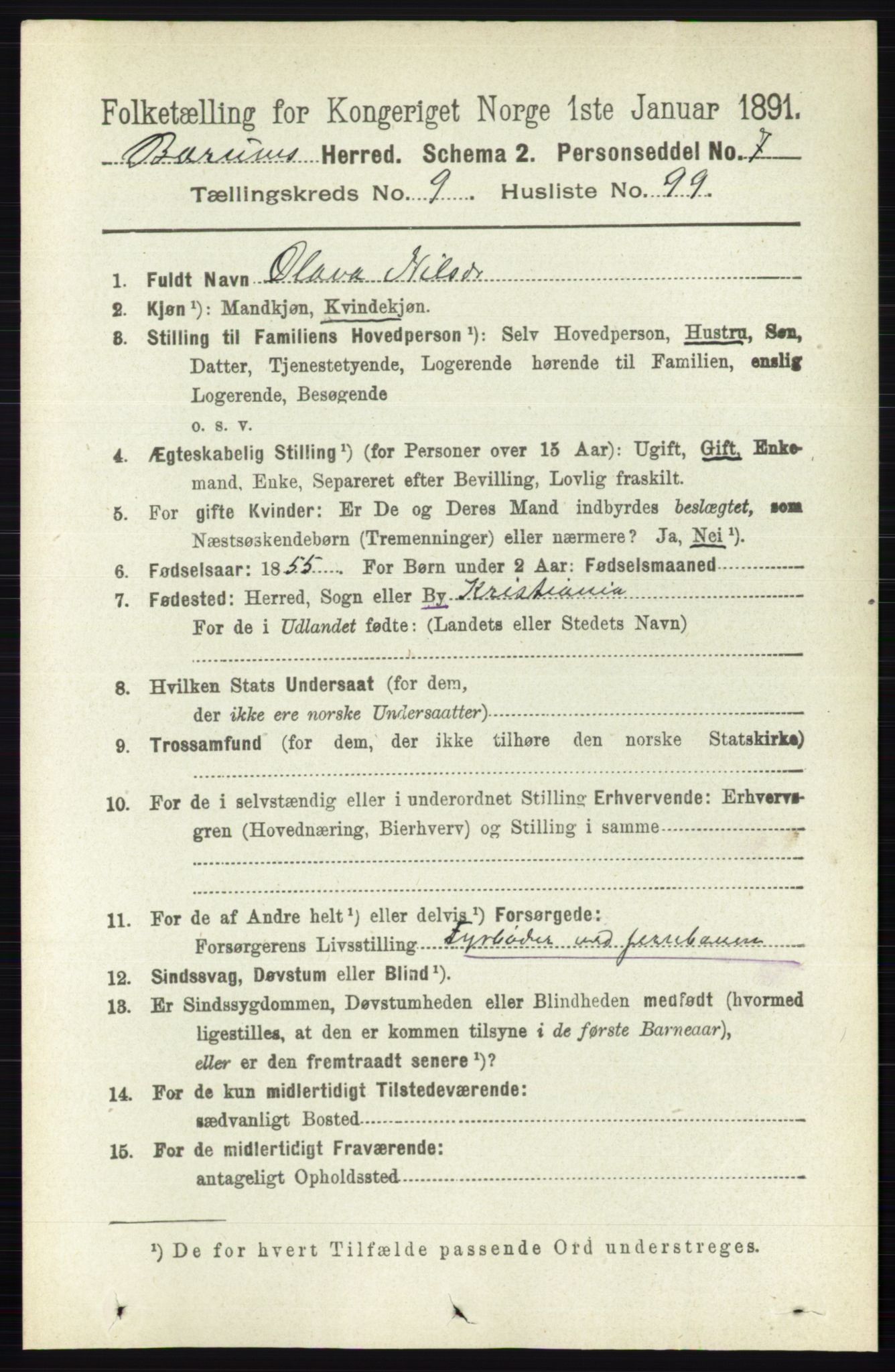 RA, 1891 census for 0219 Bærum, 1891, p. 5998