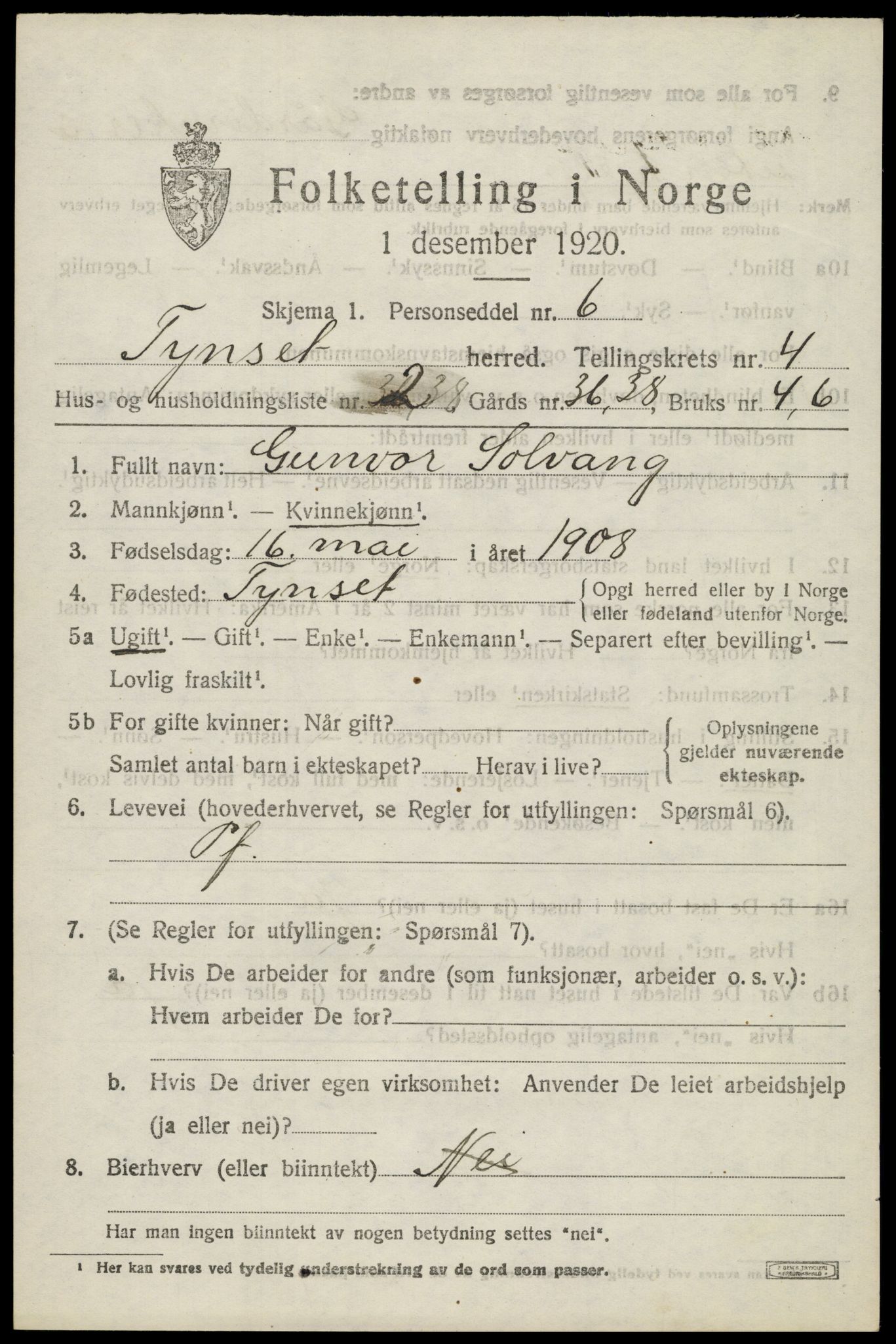 SAH, 1920 census for Tynset, 1920, p. 3196