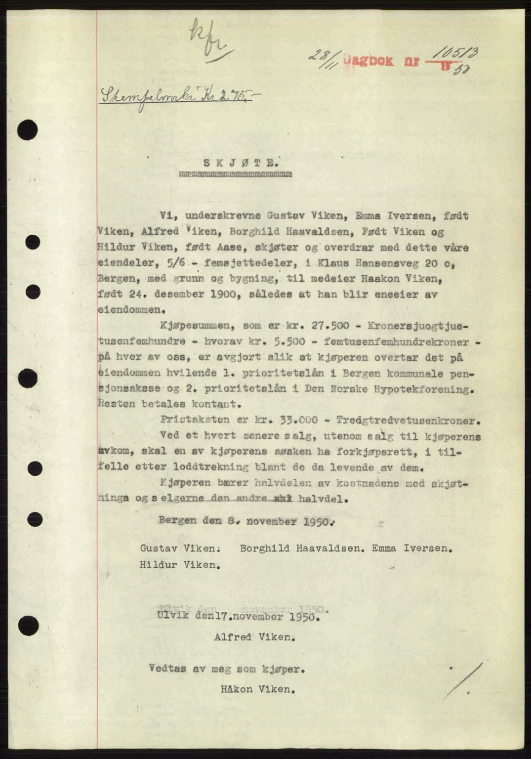 Byfogd og Byskriver i Bergen, AV/SAB-A-3401/03/03Bc/L0034: Mortgage book no. A27-28, 1950-1950, Diary no: : 10513/1950