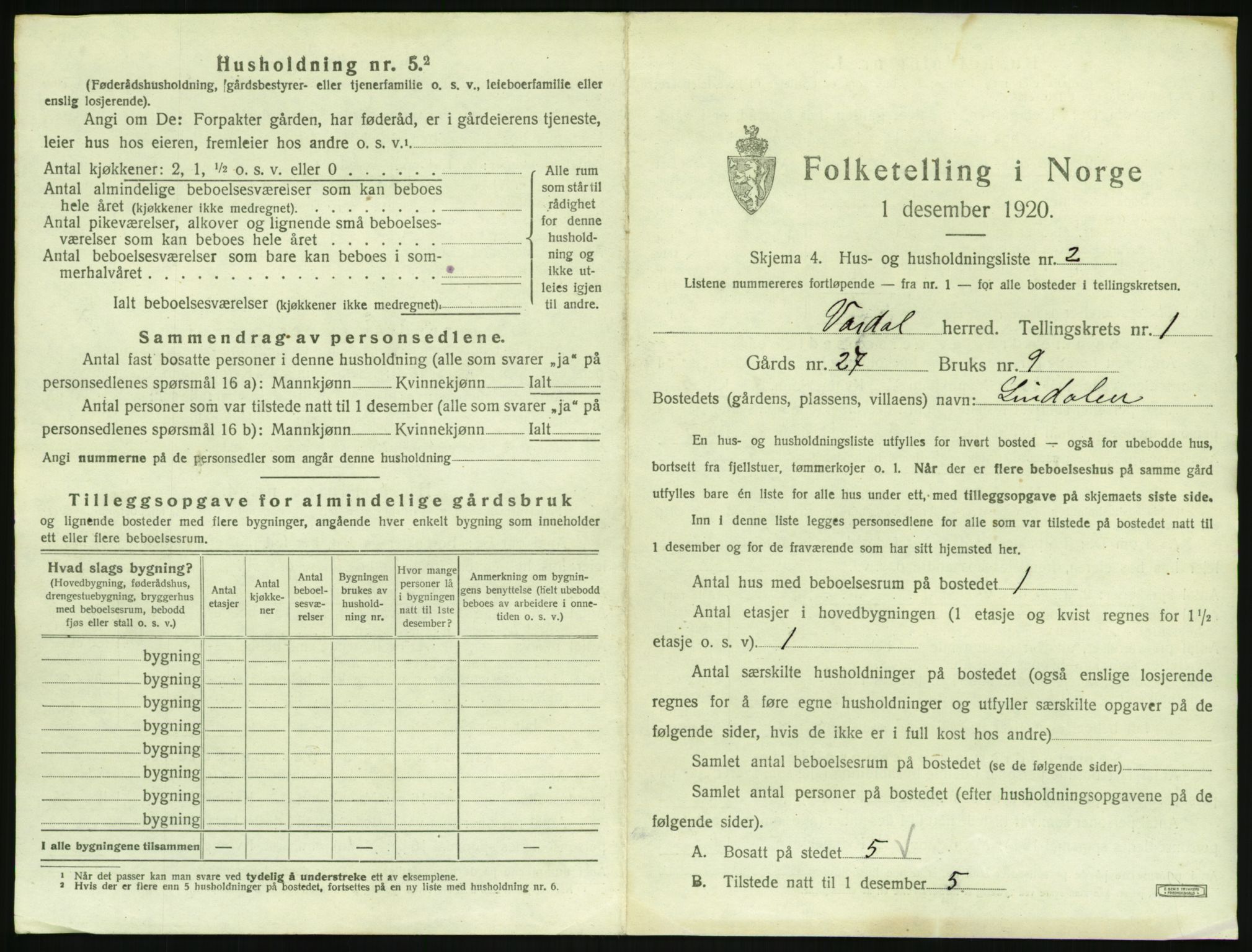 SAH, 1920 census for Vardal, 1920, p. 61