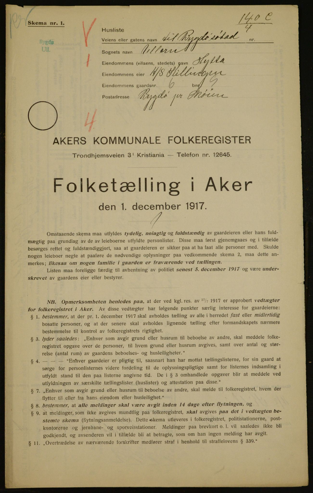 OBA, Municipal Census 1917 for Aker, 1917, p. 5530