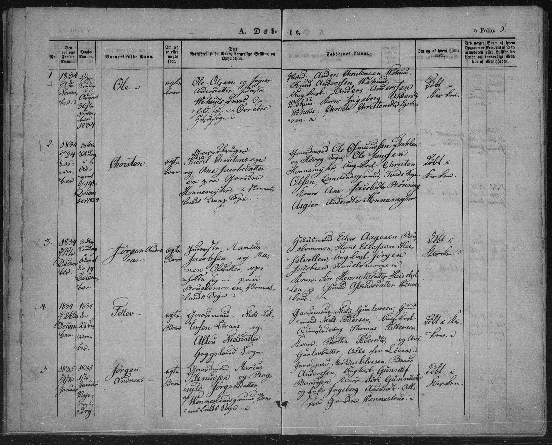 Vennesla sokneprestkontor, AV/SAK-1111-0045/Fa/Fac/L0004: Parish register (official) no. A 4, 1834-1855, p. 5