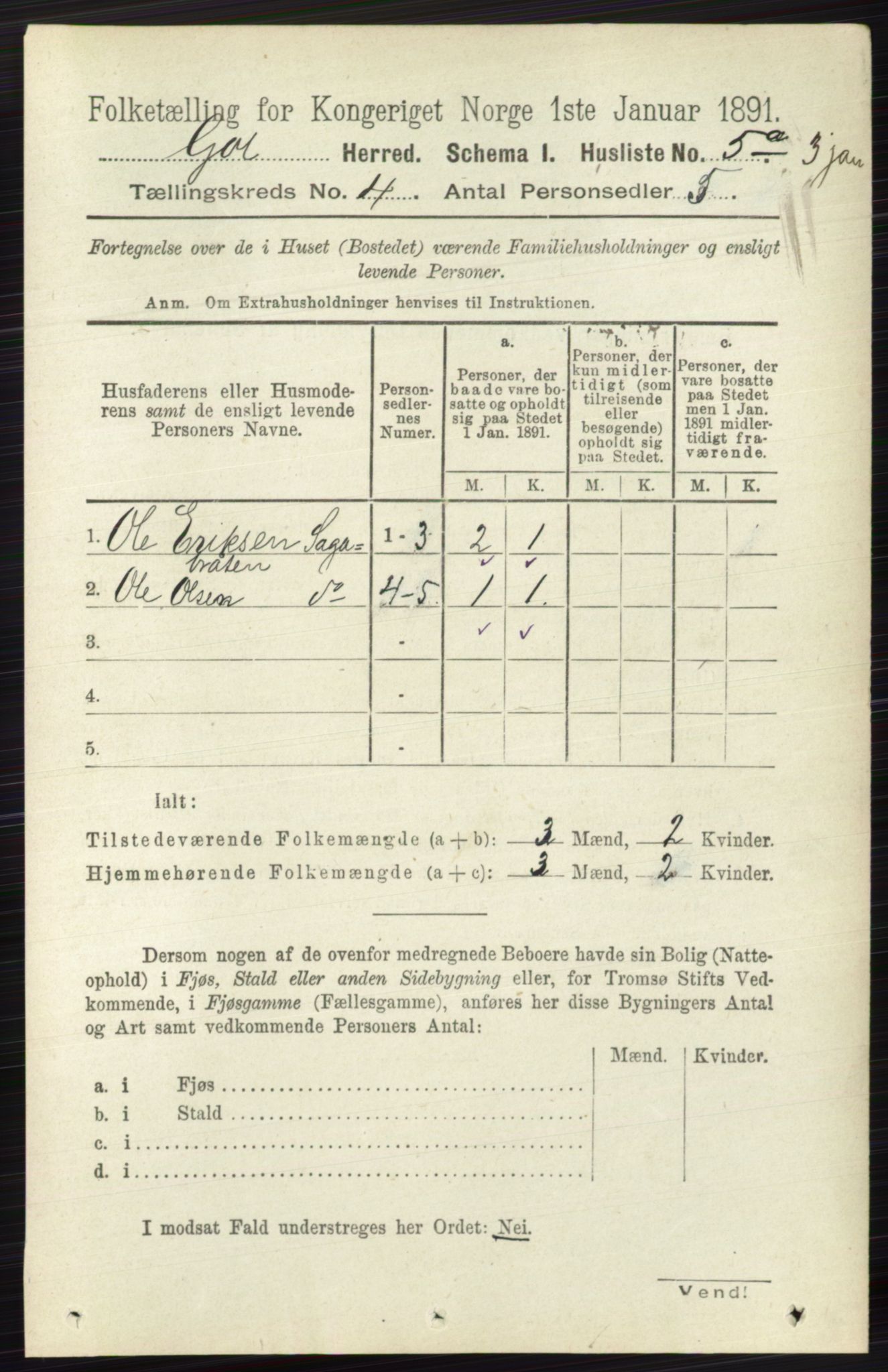 RA, 1891 census for 0617 Gol og Hemsedal, 1891, p. 1715