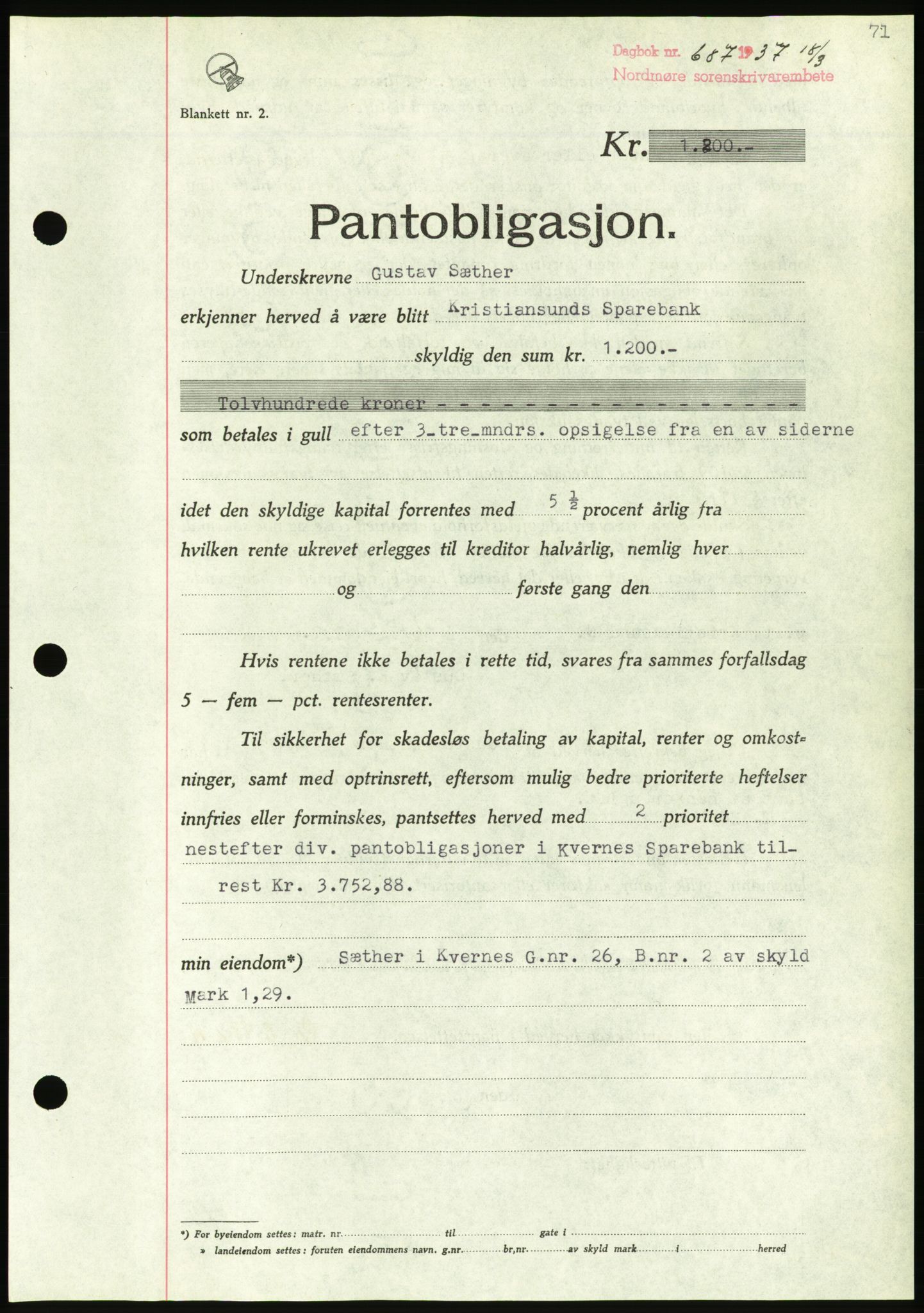 Nordmøre sorenskriveri, AV/SAT-A-4132/1/2/2Ca/L0091: Mortgage book no. B81, 1937-1937, Diary no: : 687/1937