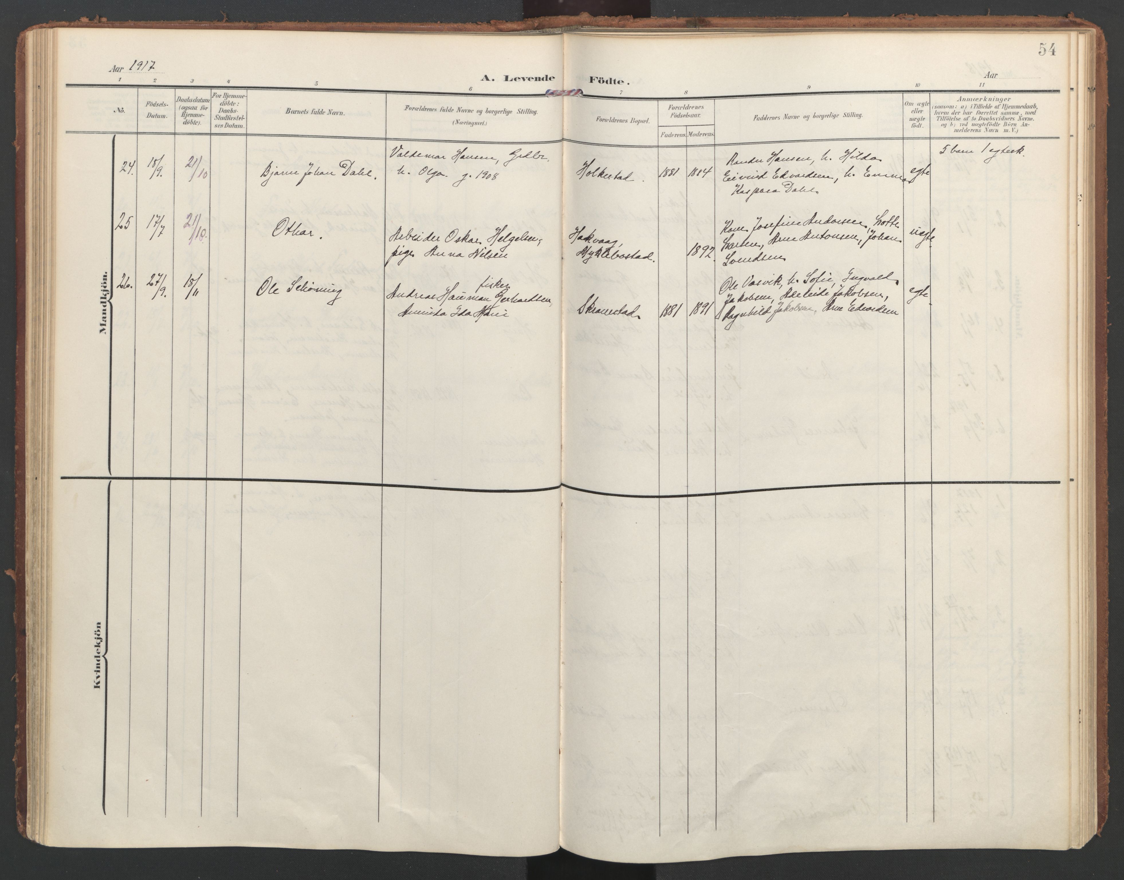 Ministerialprotokoller, klokkerbøker og fødselsregistre - Nordland, AV/SAT-A-1459/855/L0805: Parish register (official) no. 855A13, 1906-1920, p. 54