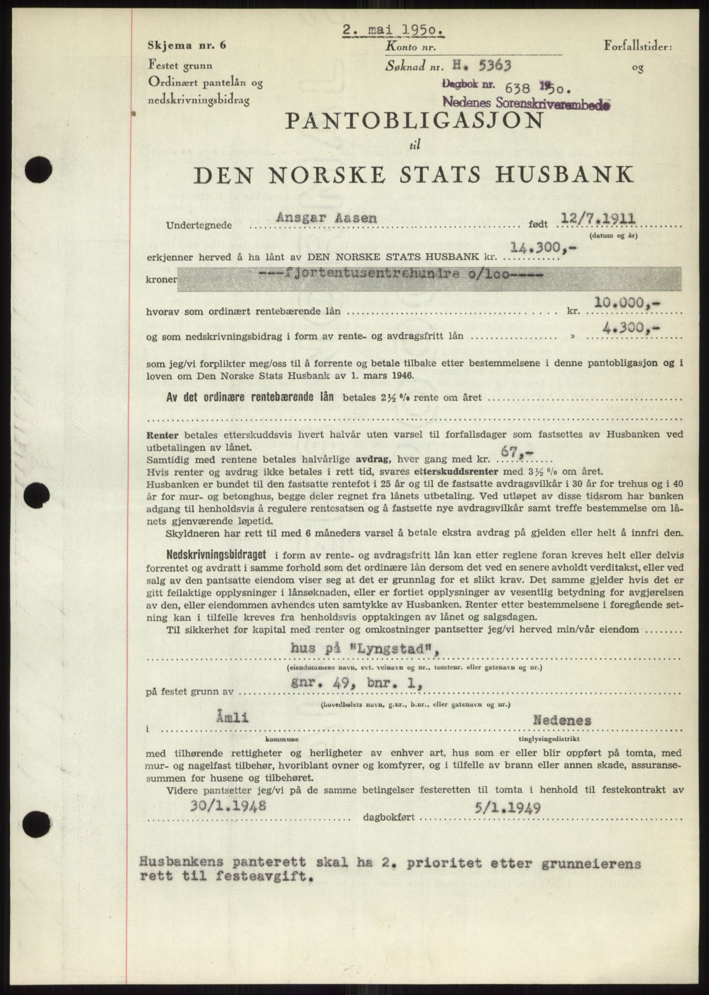 Nedenes sorenskriveri, AV/SAK-1221-0006/G/Gb/Gbb/L0007: Mortgage book no. B7, 1949-1950, Diary no: : 638/1950