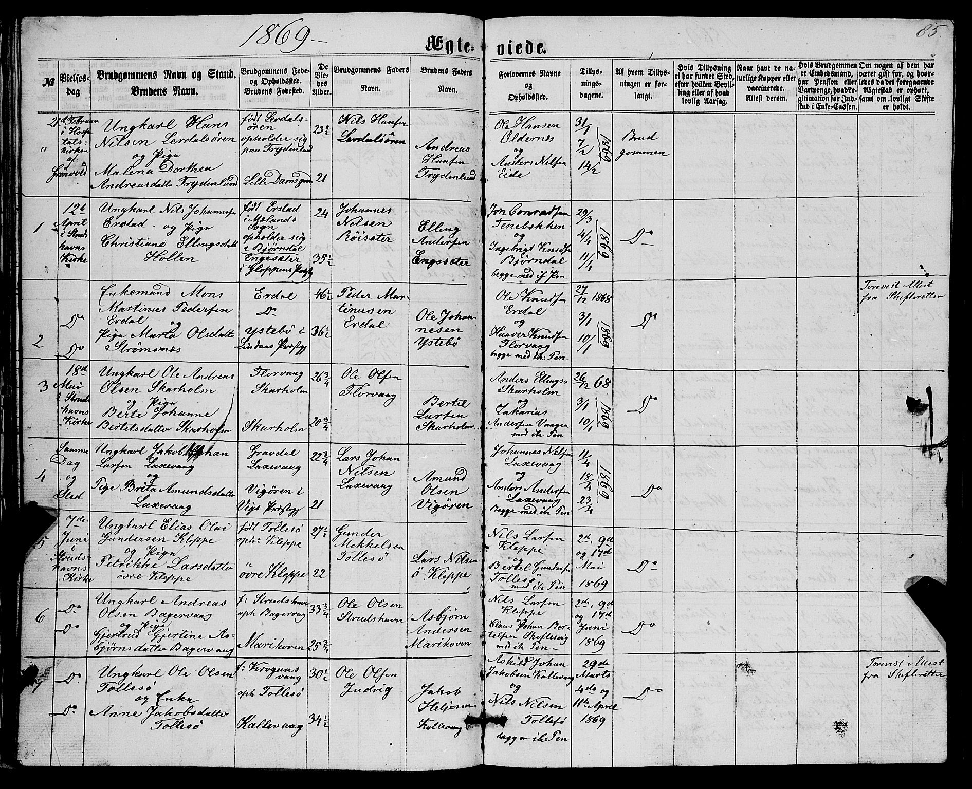 Askøy Sokneprestembete, AV/SAB-A-74101/H/Ha/Hab/Haba/L0006: Parish register (copy) no. A 6, 1861-1881, p. 85