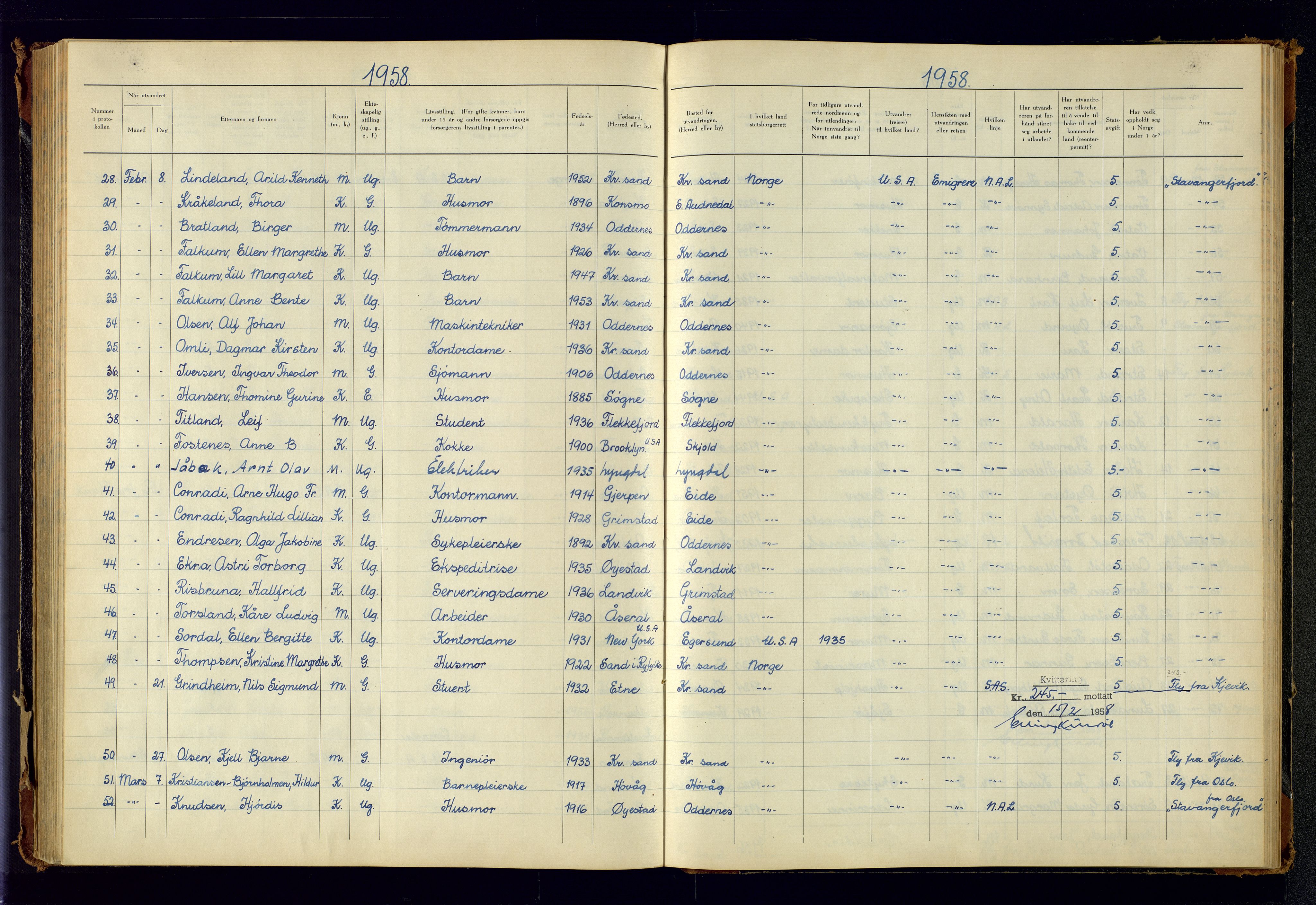 Kristiansand politikammer, AV/SAK-1243-0004/K/Kb/L0249: Emigrantprotokoll, 1951-1961, p. 137