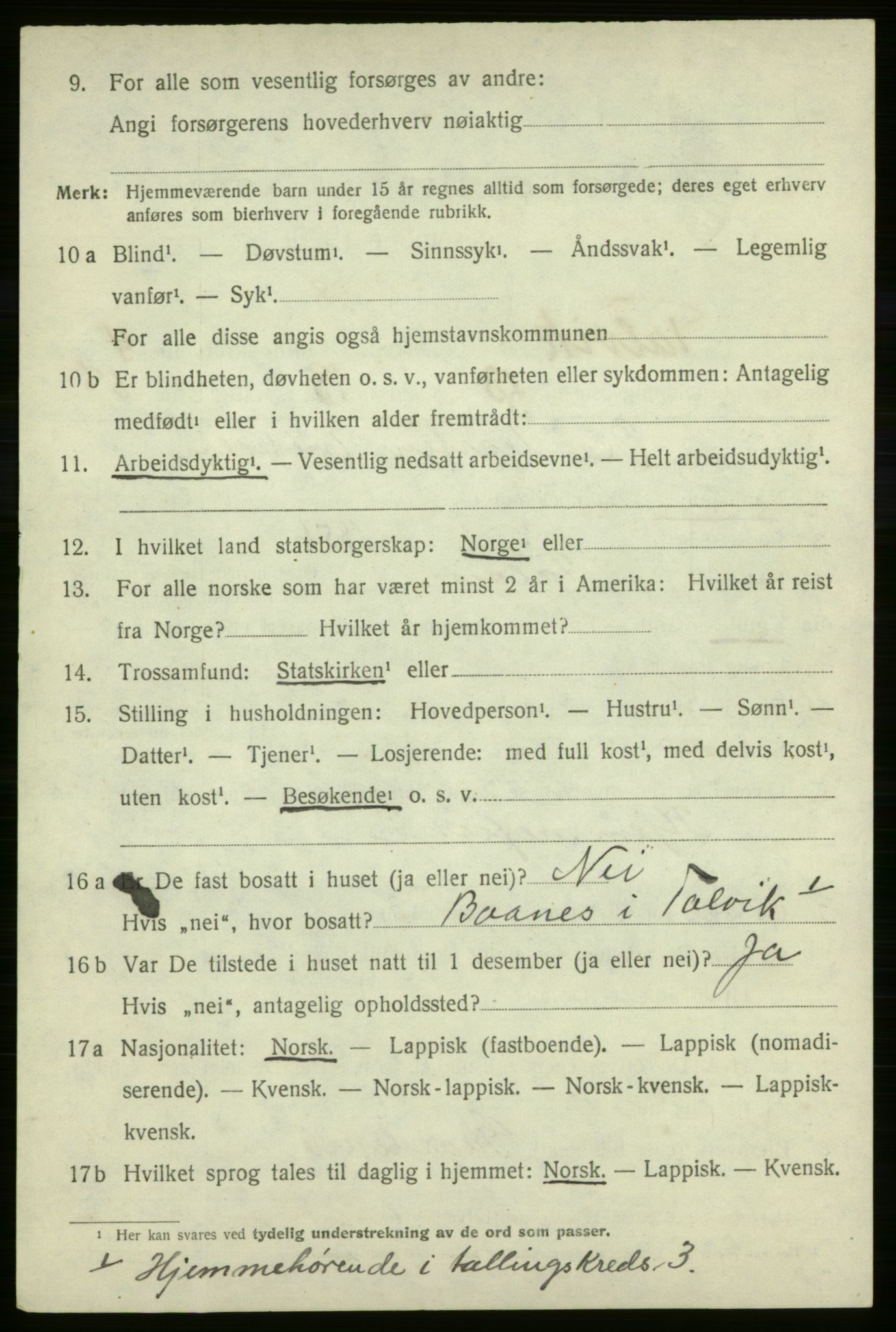SATØ, 1920 census for Talvik, 1920, p. 3253