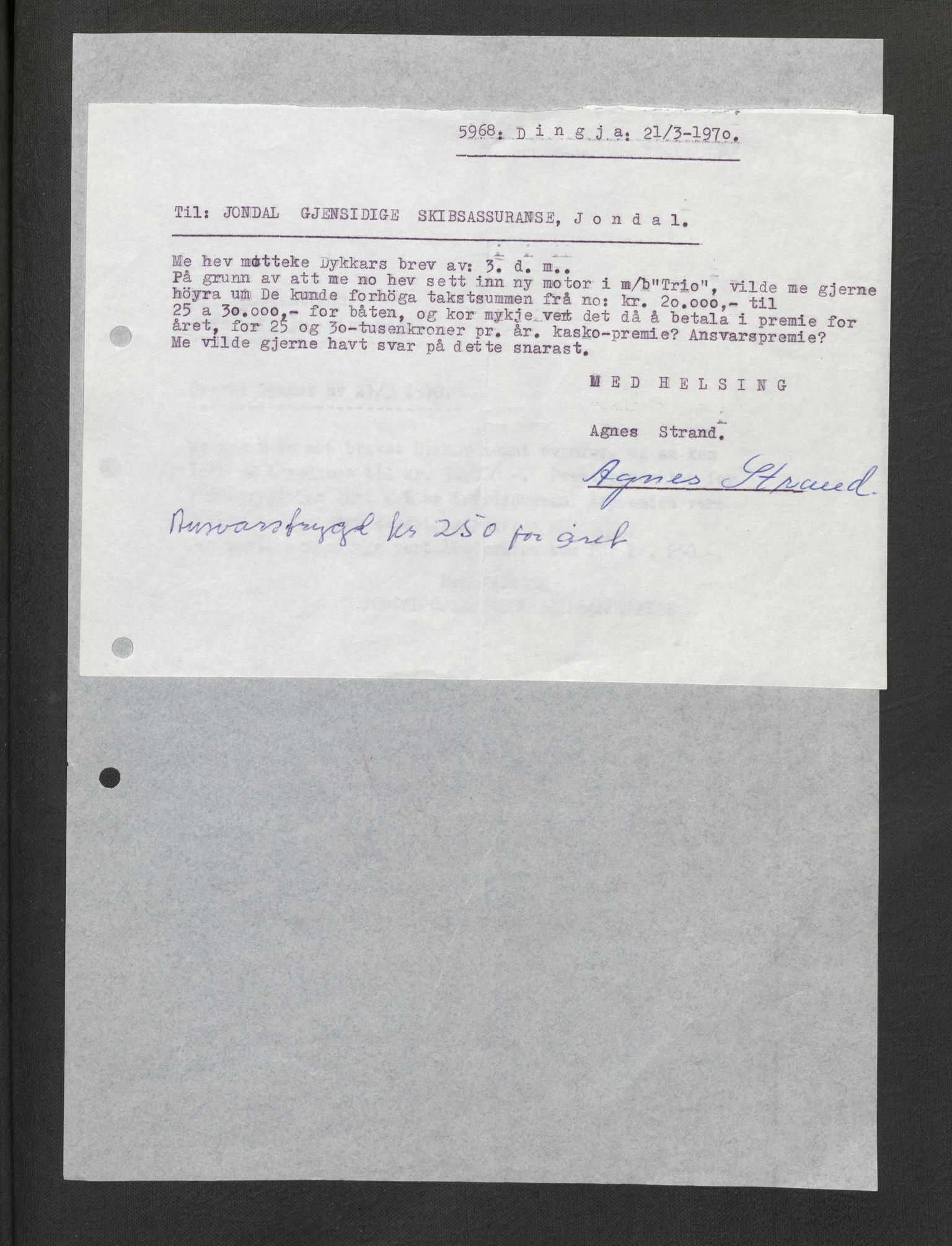 Jondal Skipsassuranseforening, AV/SAB-SAB/PA-0276/E/L0132: Korrespondanse , 1970-1977