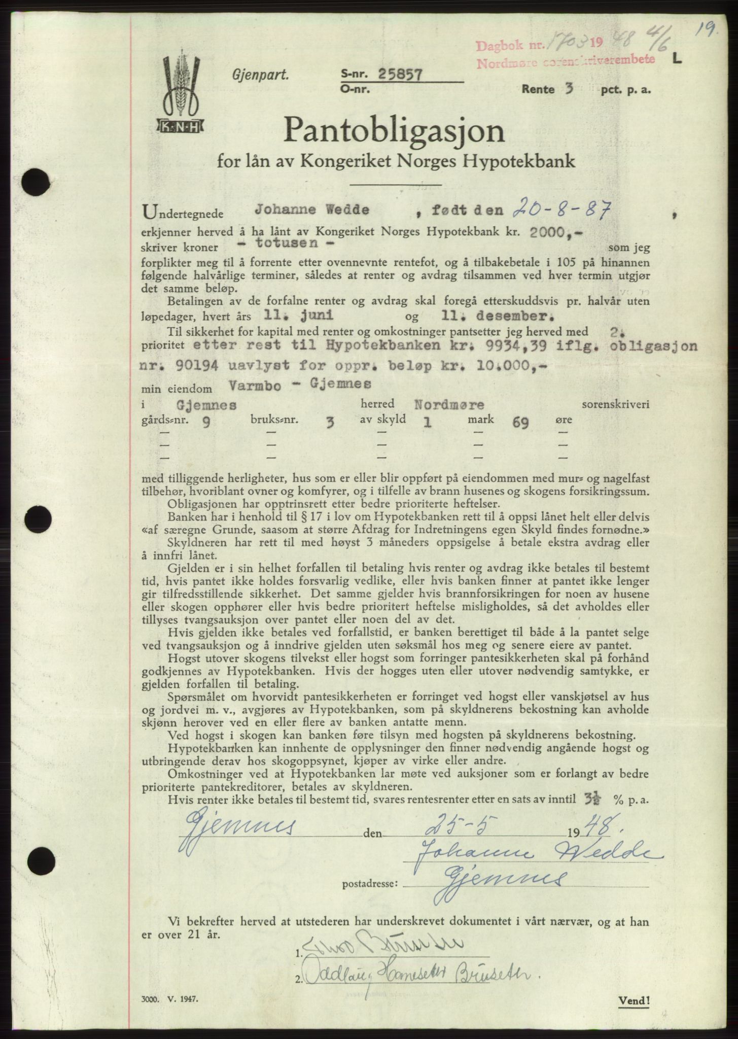 Nordmøre sorenskriveri, AV/SAT-A-4132/1/2/2Ca: Mortgage book no. B99, 1948-1948, Diary no: : 1703/1948